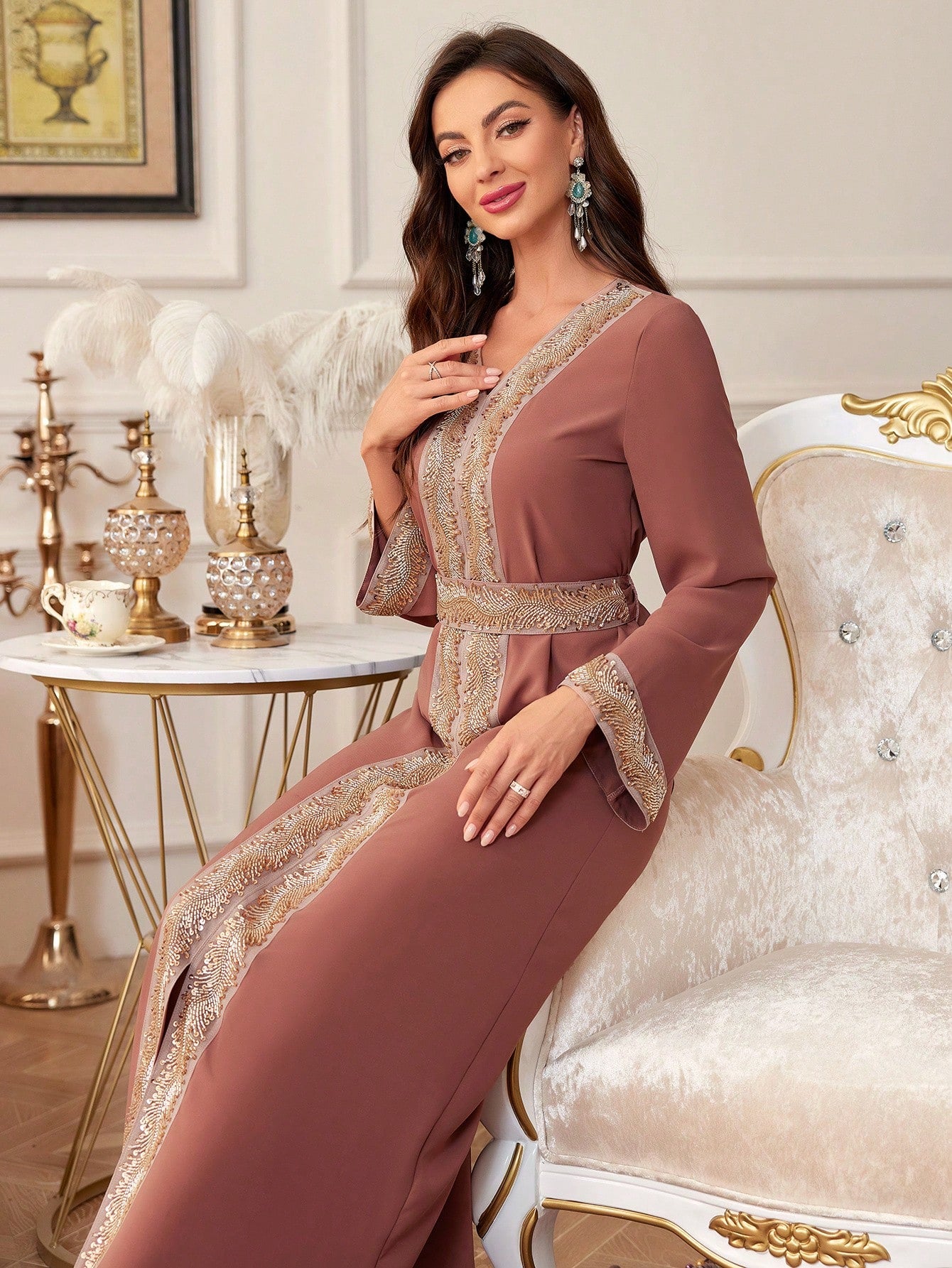 Long Sequin Splicing Slit Modest Long Sleeve Dress