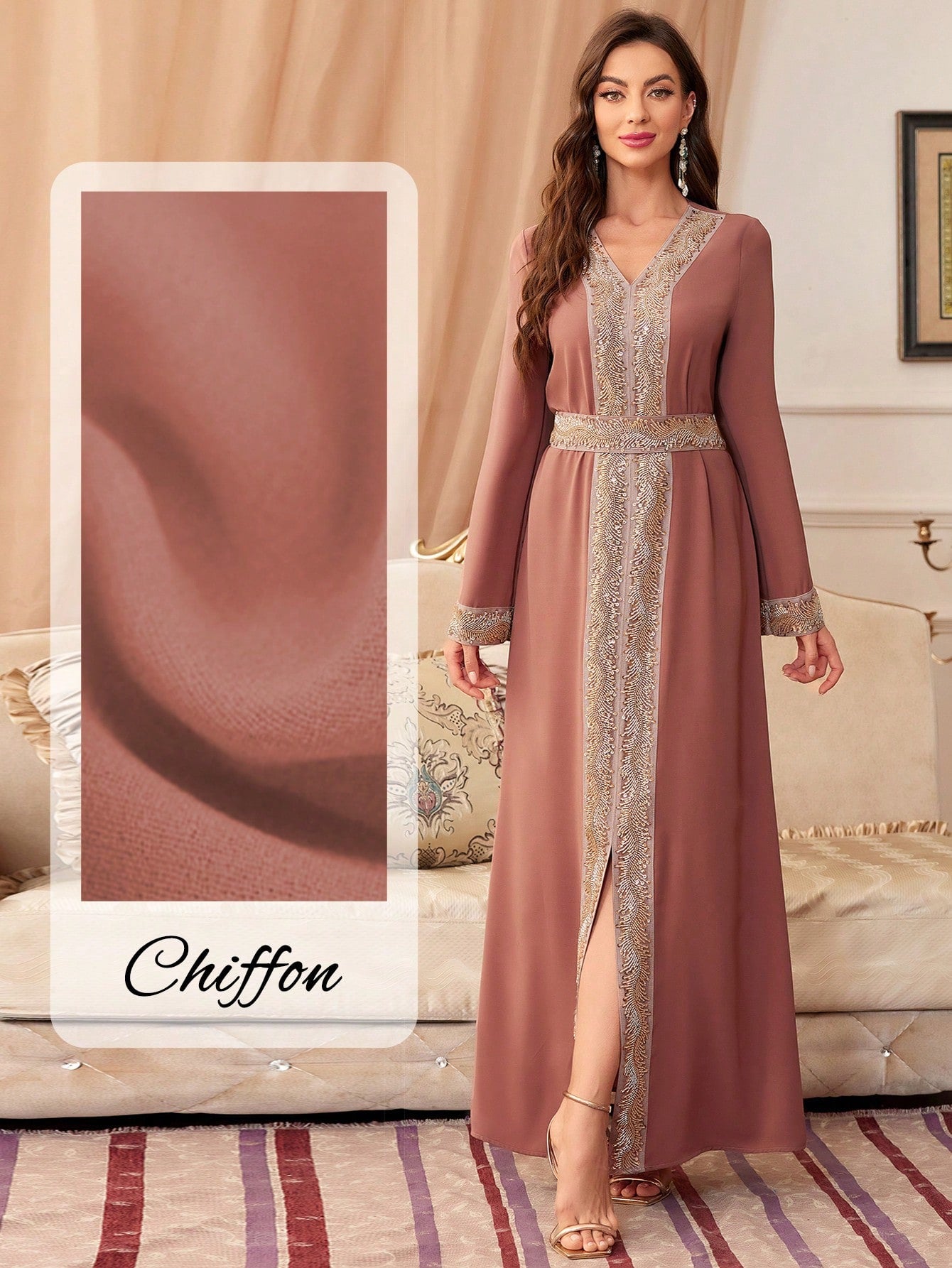 Long Sequin Splicing Slit Modest Long Sleeve Dress