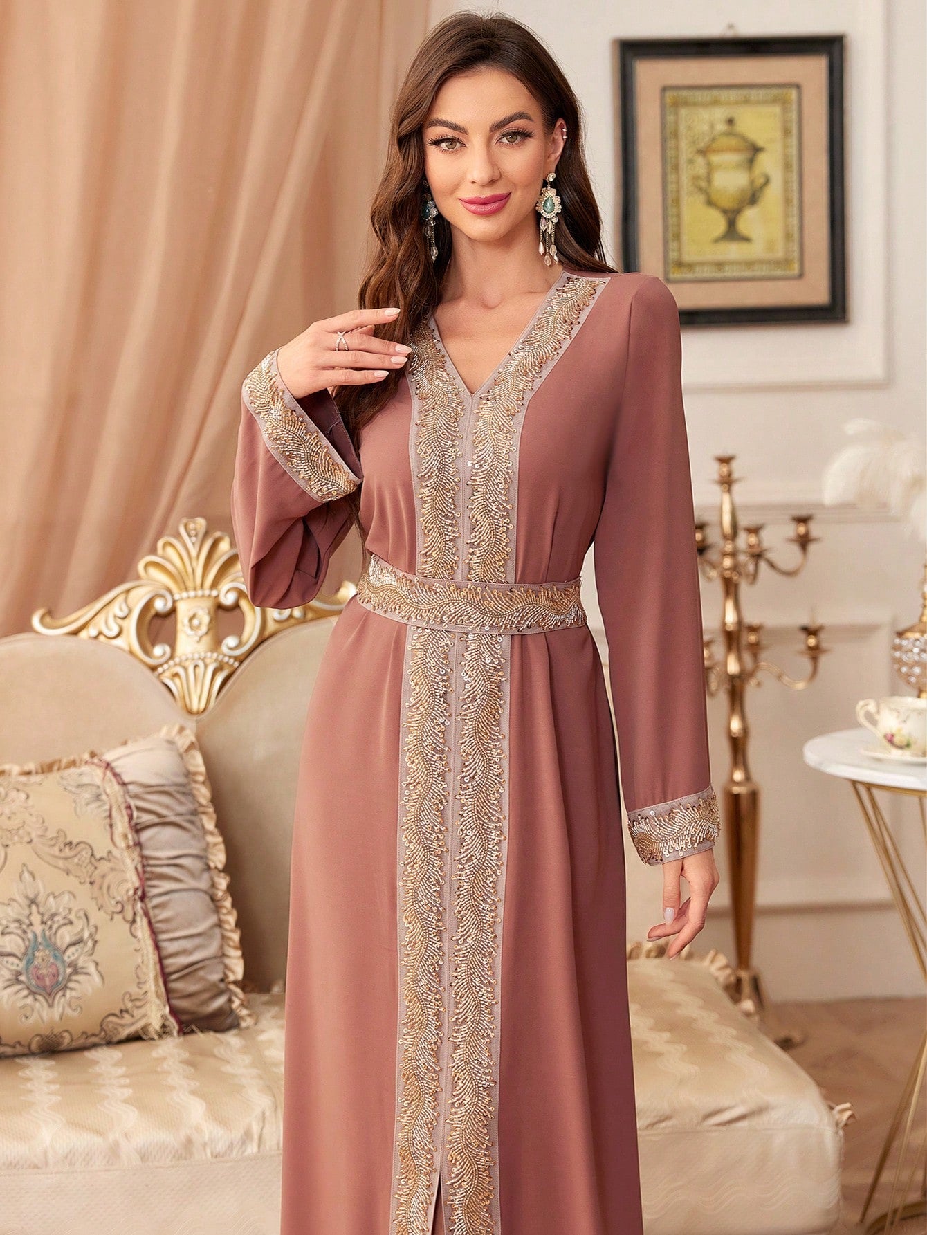 Long Sequin Splicing Slit Modest Long Sleeve Dress