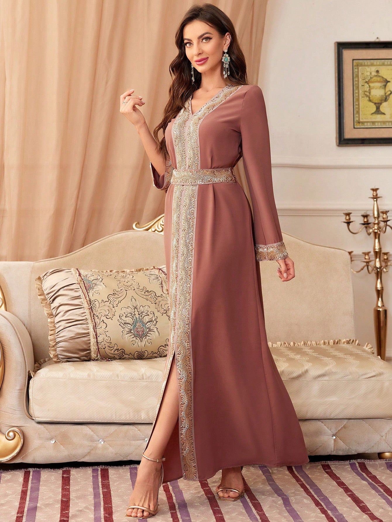 Long Sequin Splicing Slit Modest Long Sleeve Dress