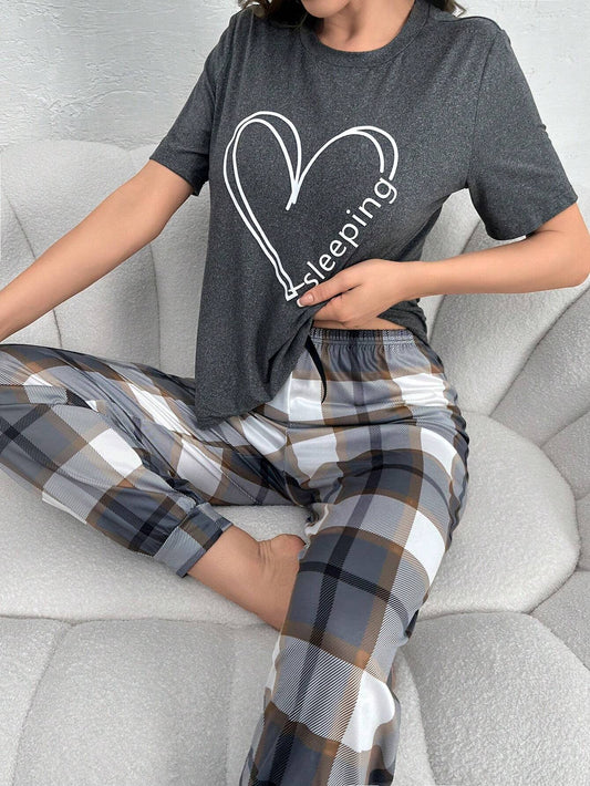 Heart & Plaid Printed Pajama Set
