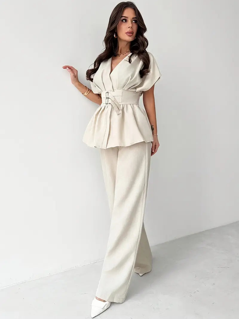 V-Neck Cardigan with Belt & High-Waisted Straight-Leg Flare Pants Set
