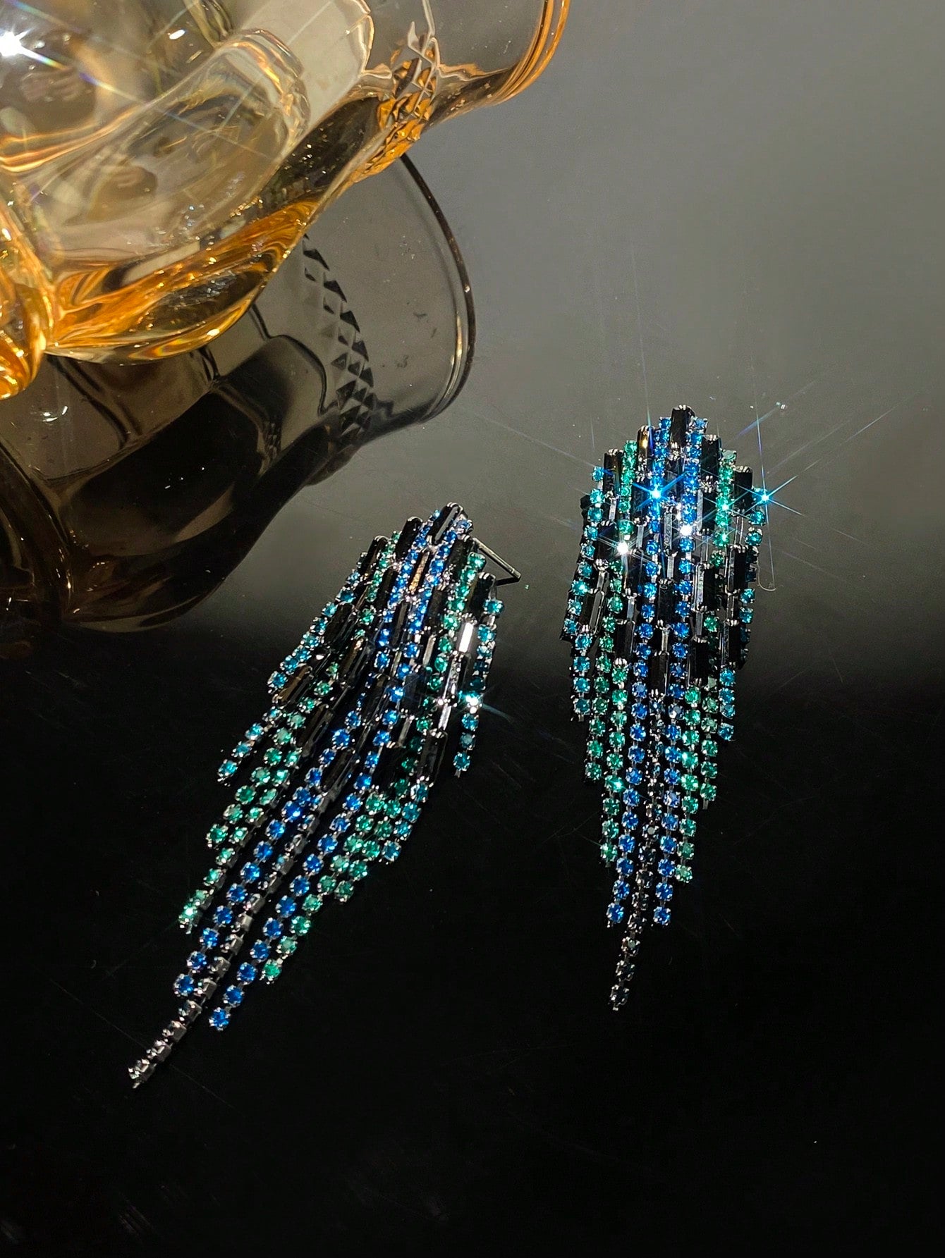 Drop Shaped Diamond Inlaid Tassel Earrings