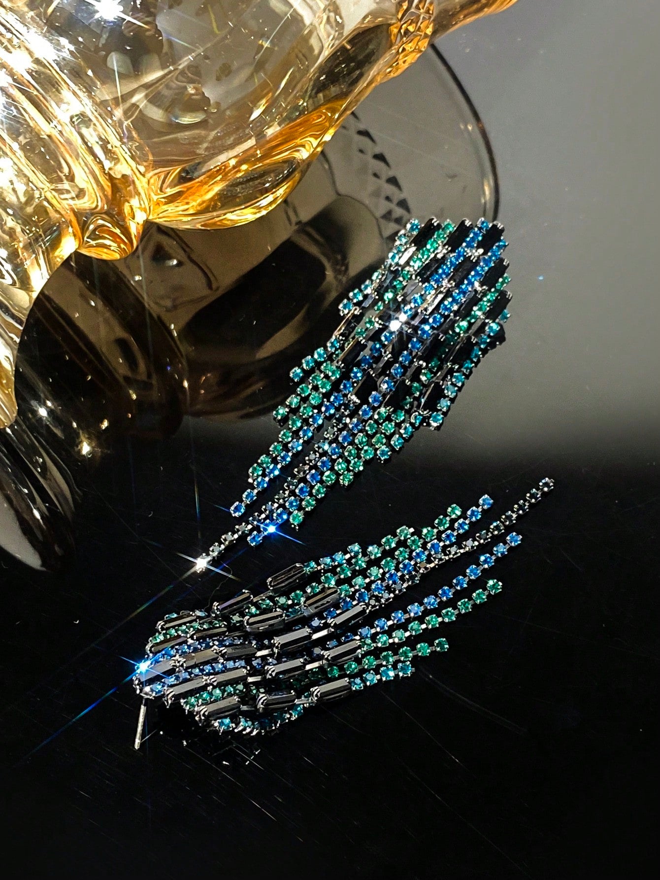 Drop Shaped Diamond Inlaid Tassel Earrings