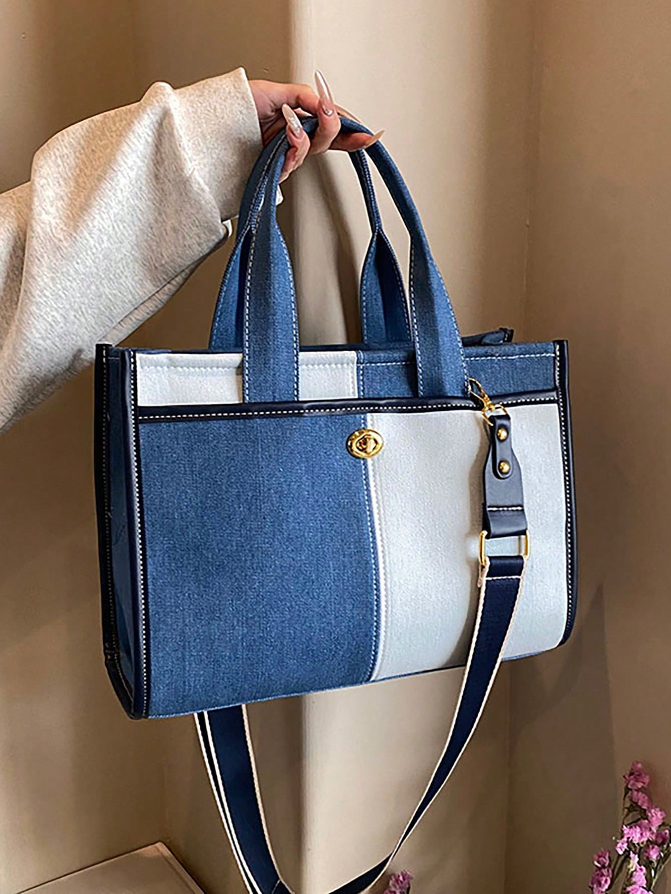 Denim Shade Color Block Canvas Tote Bag
