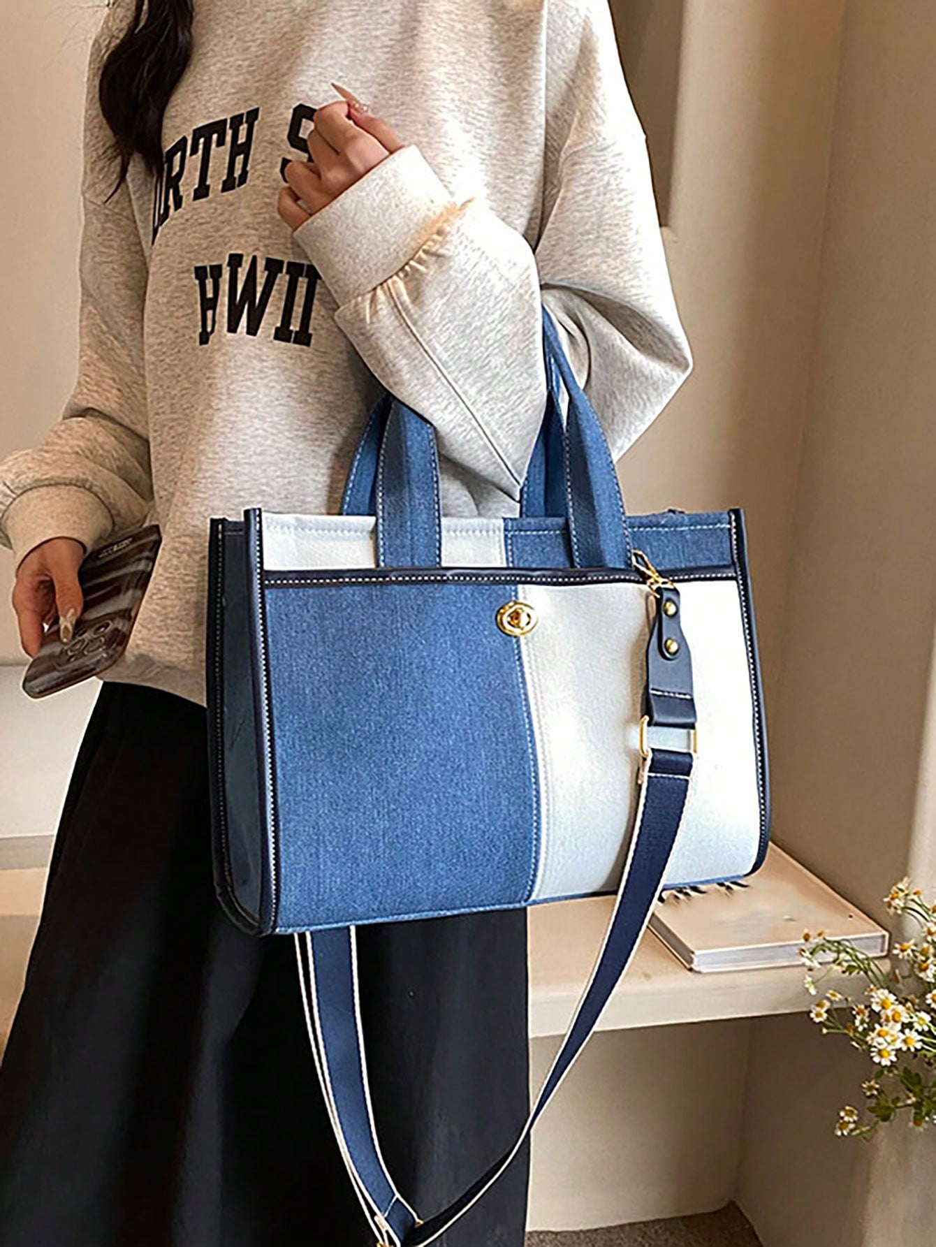 Denim Shade Color Block Canvas Tote Bag