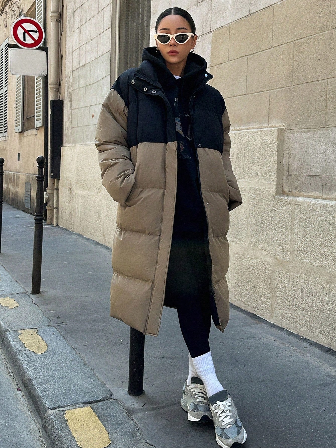 Color Block Long Parka Padded Coat With Lapel Collar
