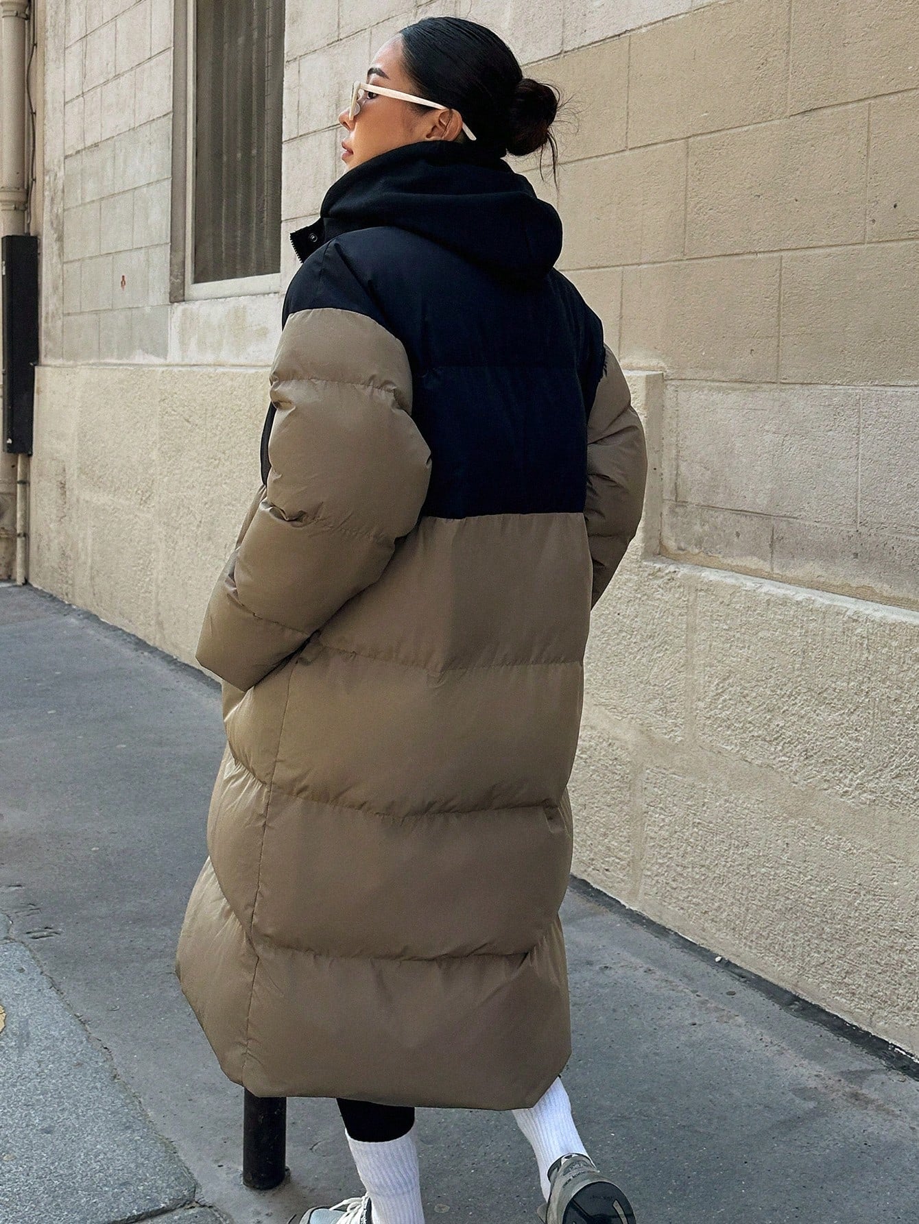 Color Block Long Parka Padded Coat With Lapel Collar