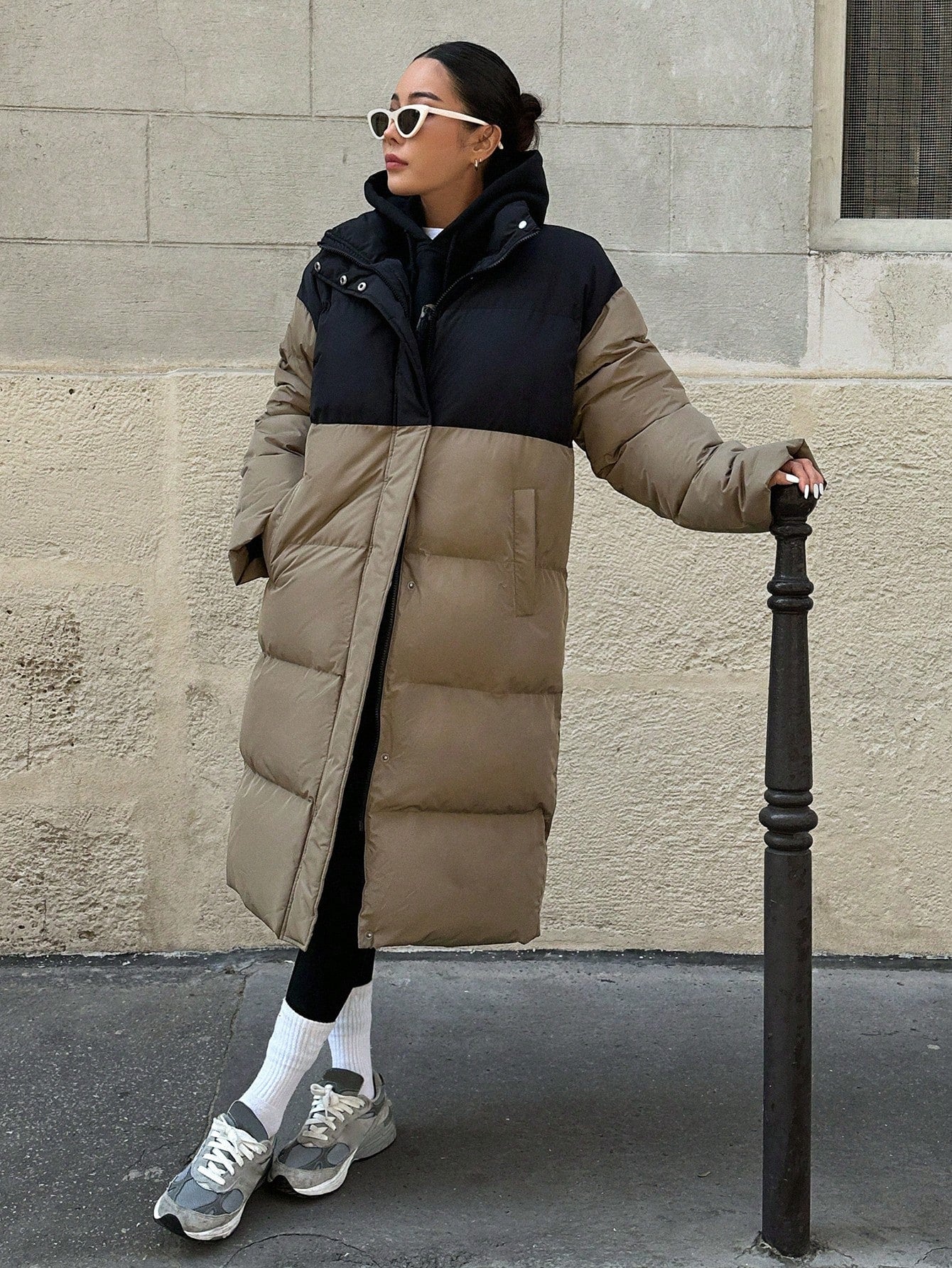 Color Block Long Parka Padded Coat With Lapel Collar