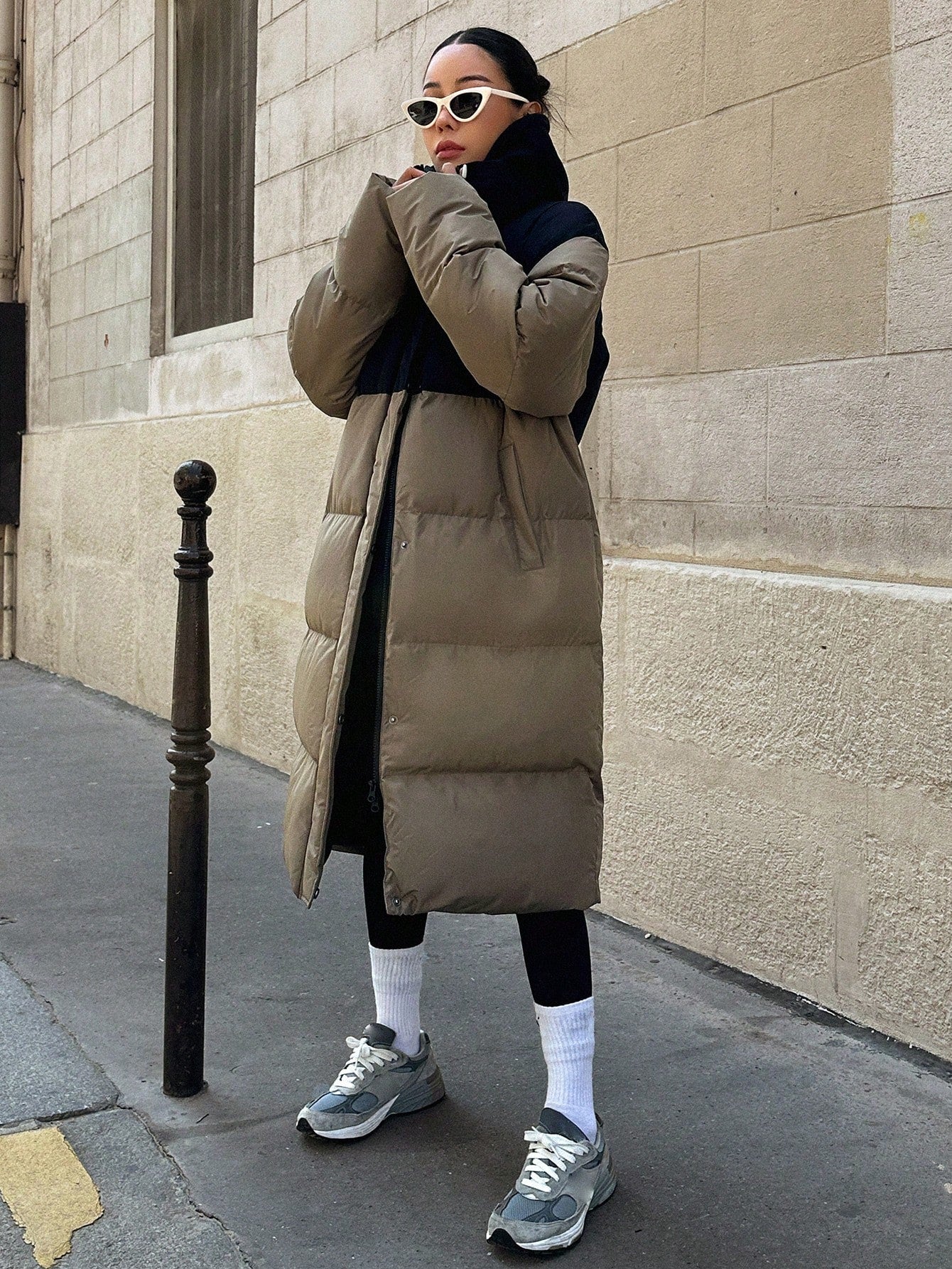 Color Block Long Parka Padded Coat With Lapel Collar