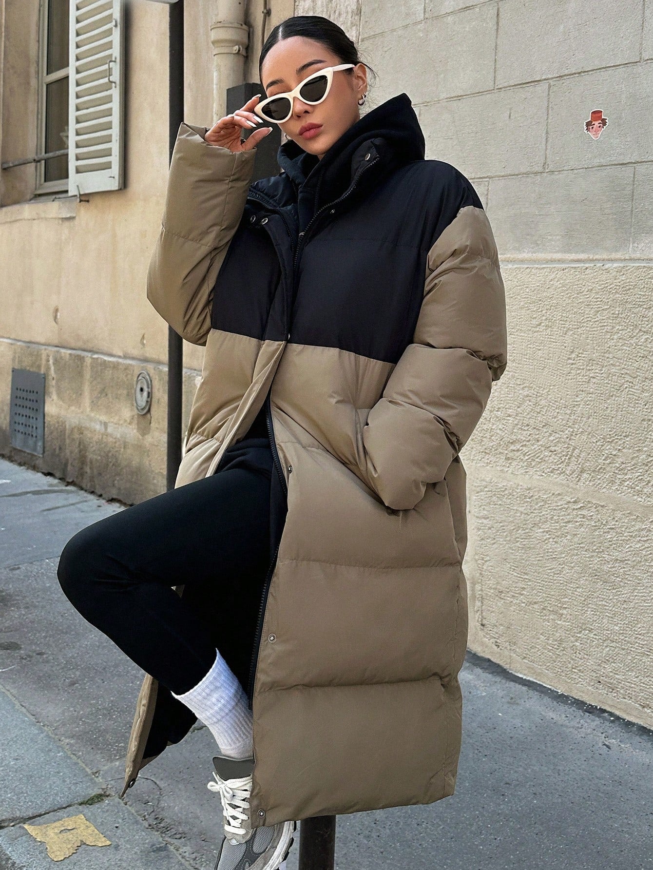 Color Block Long Parka Padded Coat With Lapel Collar