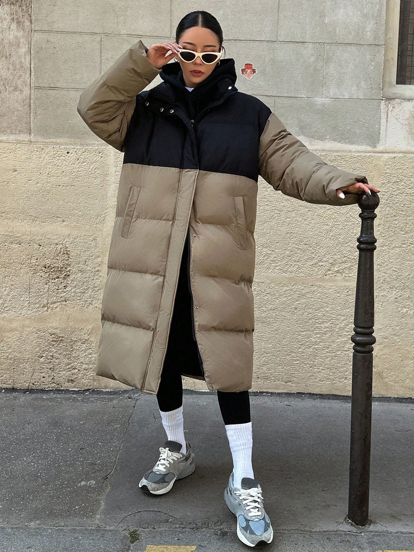 Color Block Long Parka Padded Coat With Lapel Collar