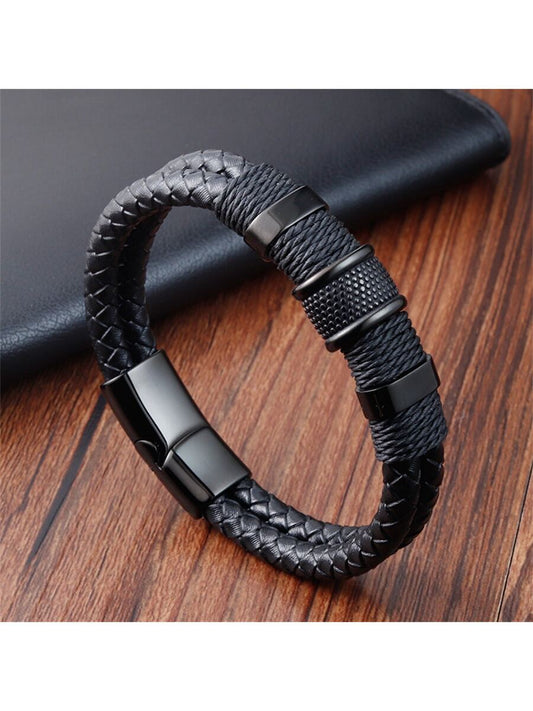 Fashionable Simple Double Layer Woven Men's Pu Leather Bracelet With Magnetic Clasp