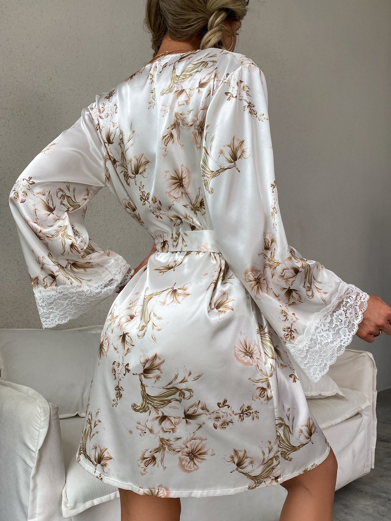 Floral Print Contrast Lace Belted Satin Sleep Robe only