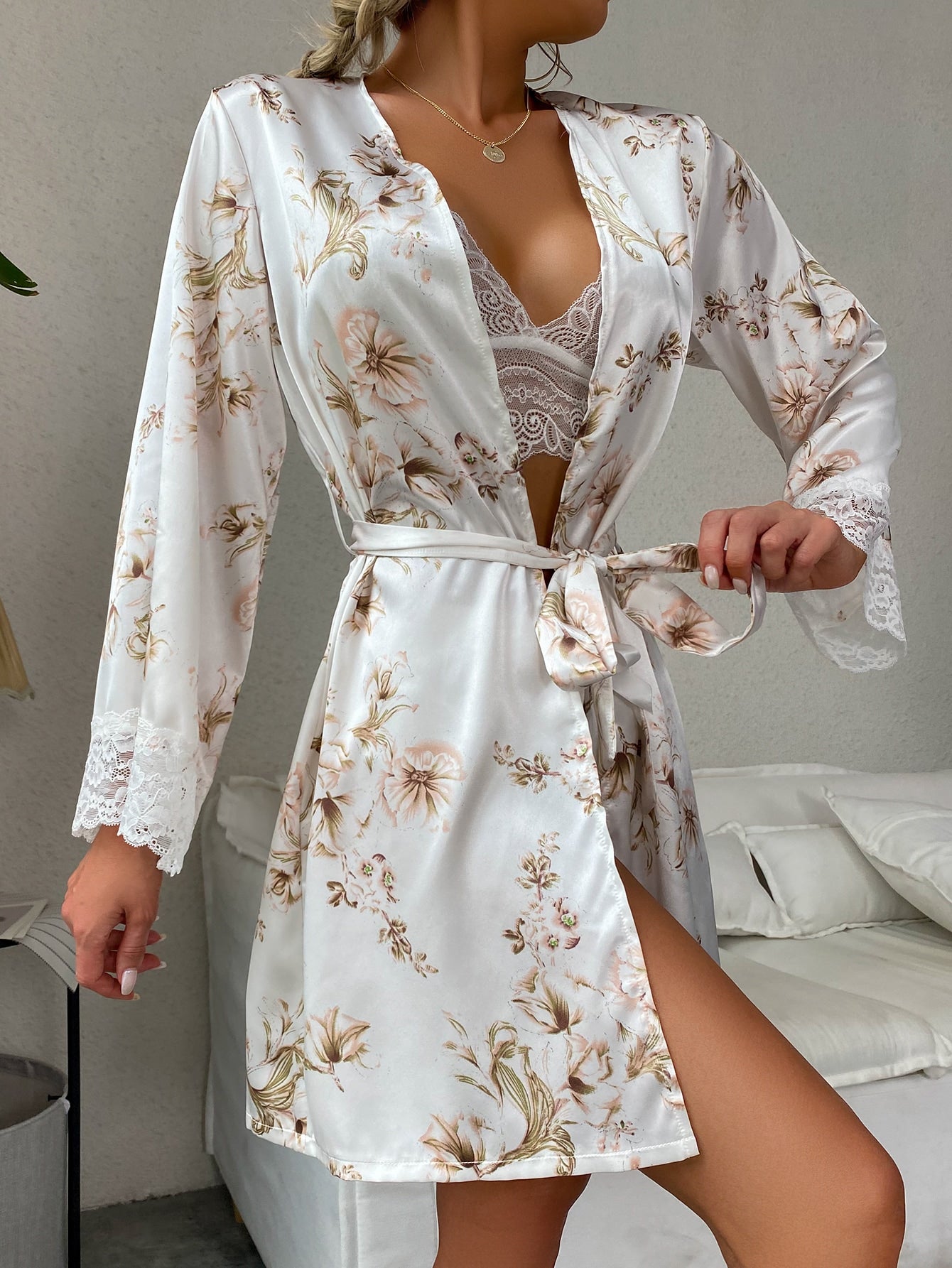 Floral Print Contrast Lace Belted Satin Sleep Robe only