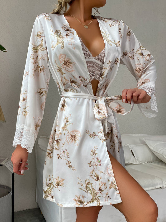 Floral Print Contrast Lace Belted Satin Sleep Robe only