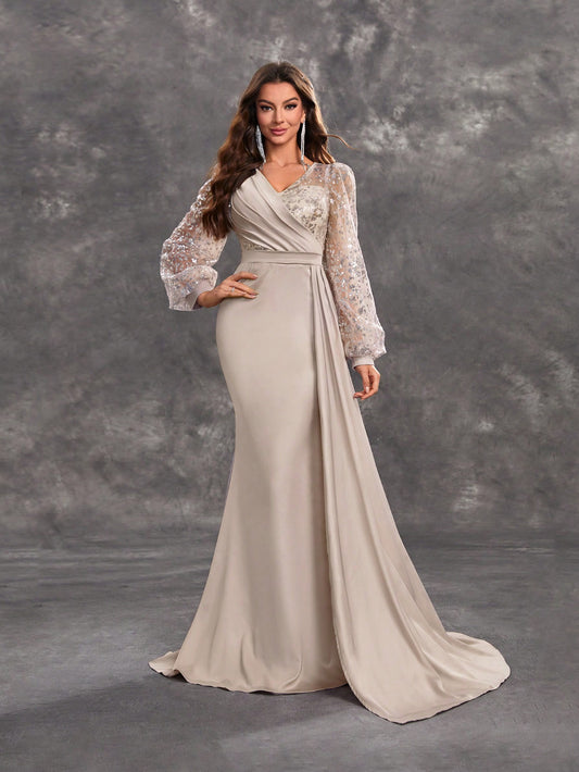 Sparkling Sequin And Satin V-Neck Lantern Sleeve Elegant Evening Dress