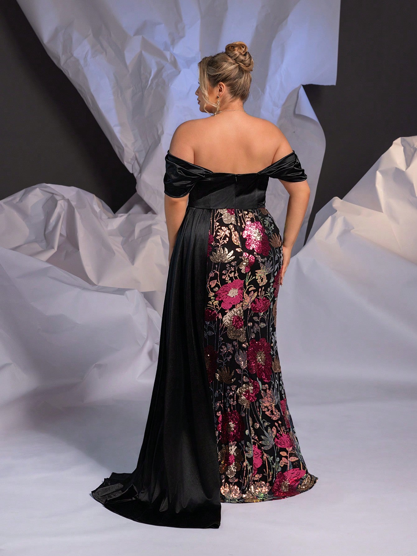 Plus Size Black Stretch Satin Spliced Floral Sequined Off Shoulder Evening Dress