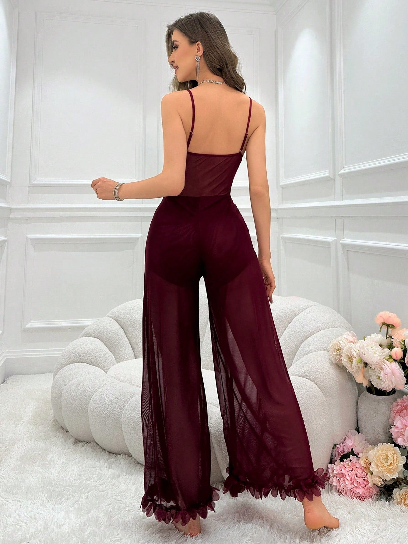 Lace Detailing Hollow Out Mesh Cami Jumpsuit Lingerie