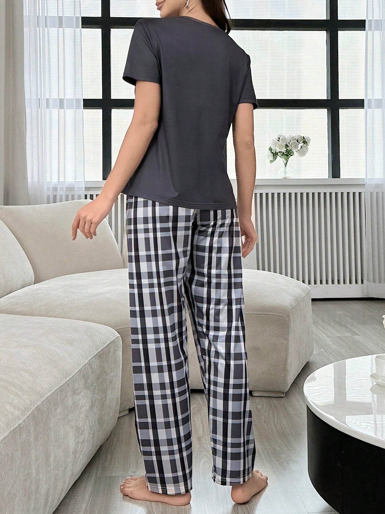 Letter Printed T-Shirt And Plaid Printed Long Pants Women's Pajama Set