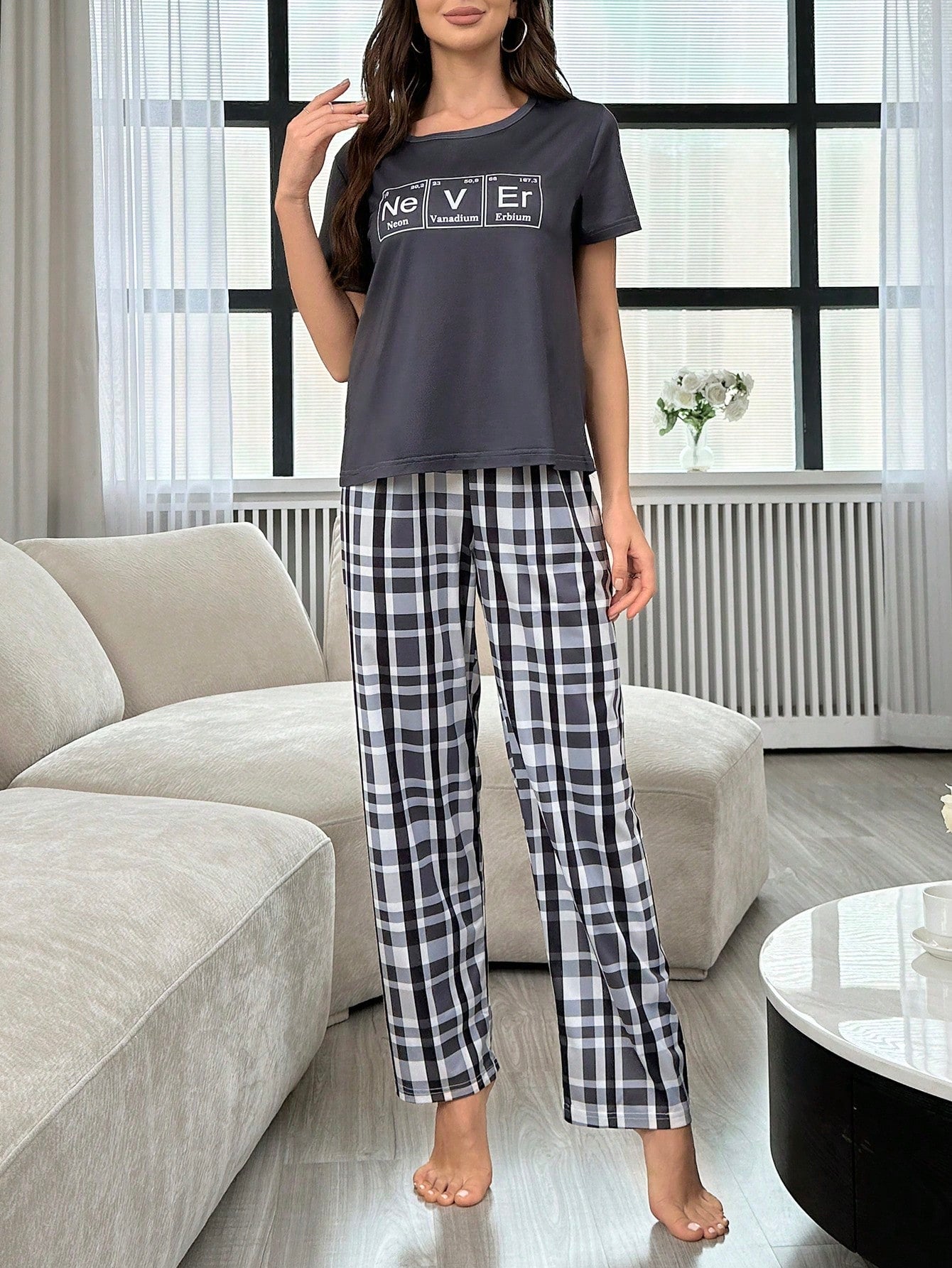 Letter Printed T-Shirt And Plaid Printed Long Pants Women's Pajama Set