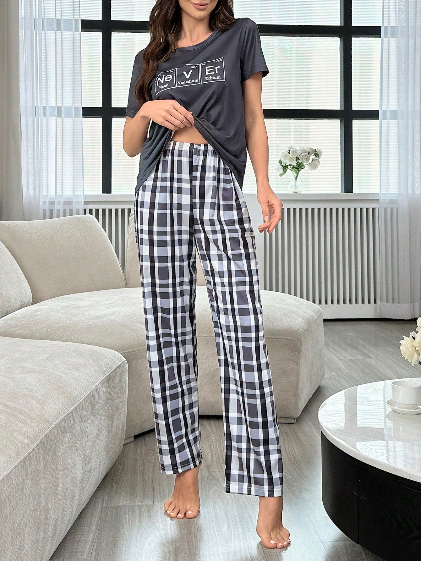 Letter Printed T-Shirt And Plaid Printed Long Pants Women's Pajama Set