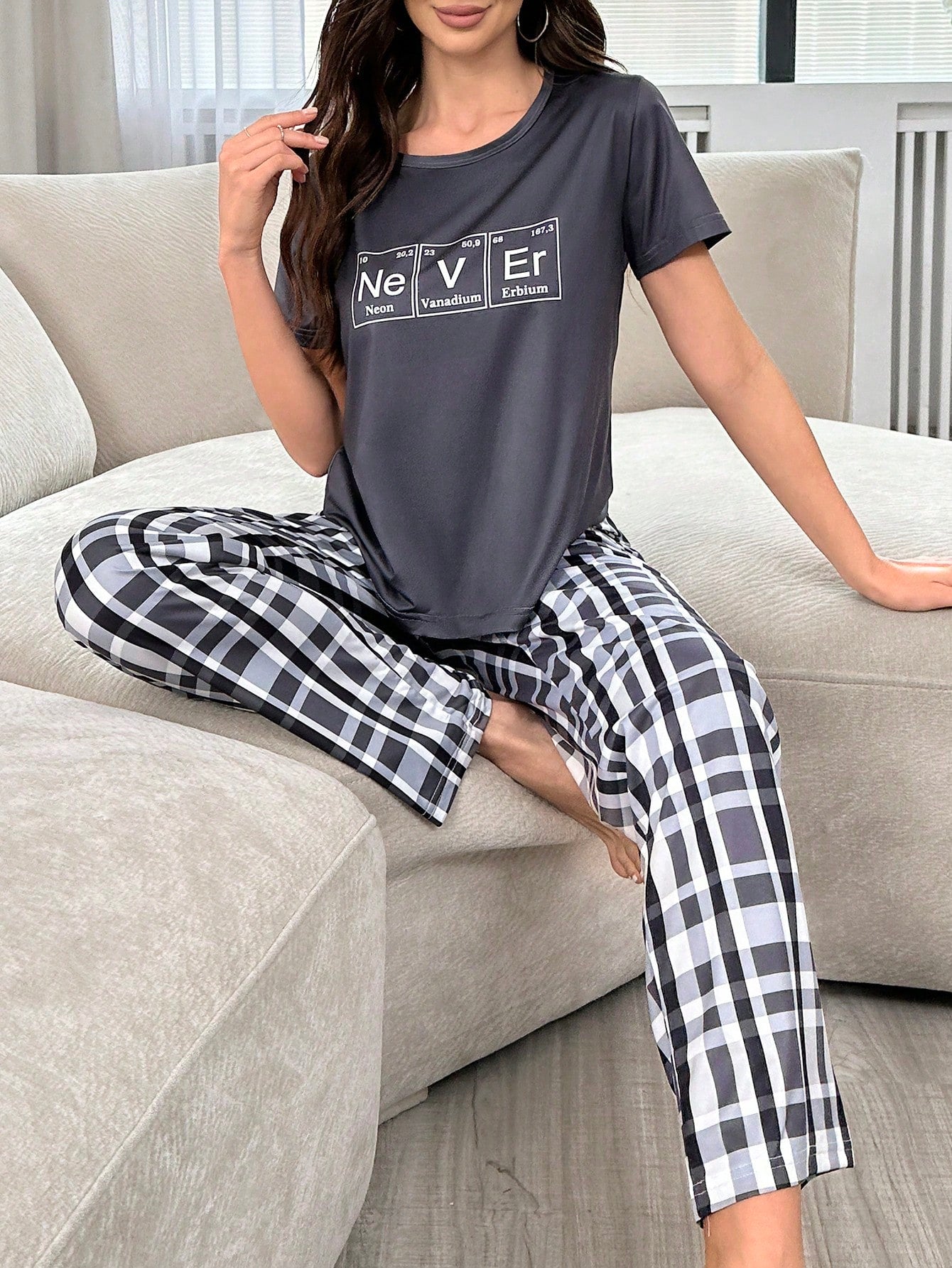 Letter Printed T-Shirt And Plaid Printed Long Pants Women's Pajama Set