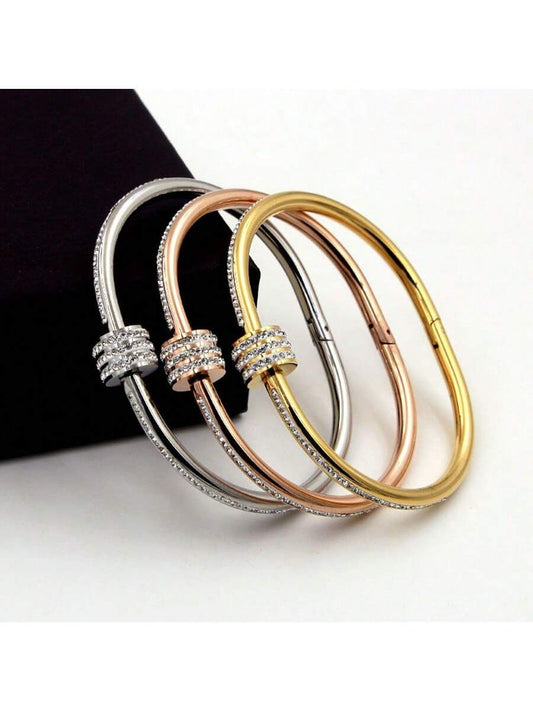 Cross-Border Titanium Steel, Rose Gold Plated No Fading Bangle With Crystal Detail