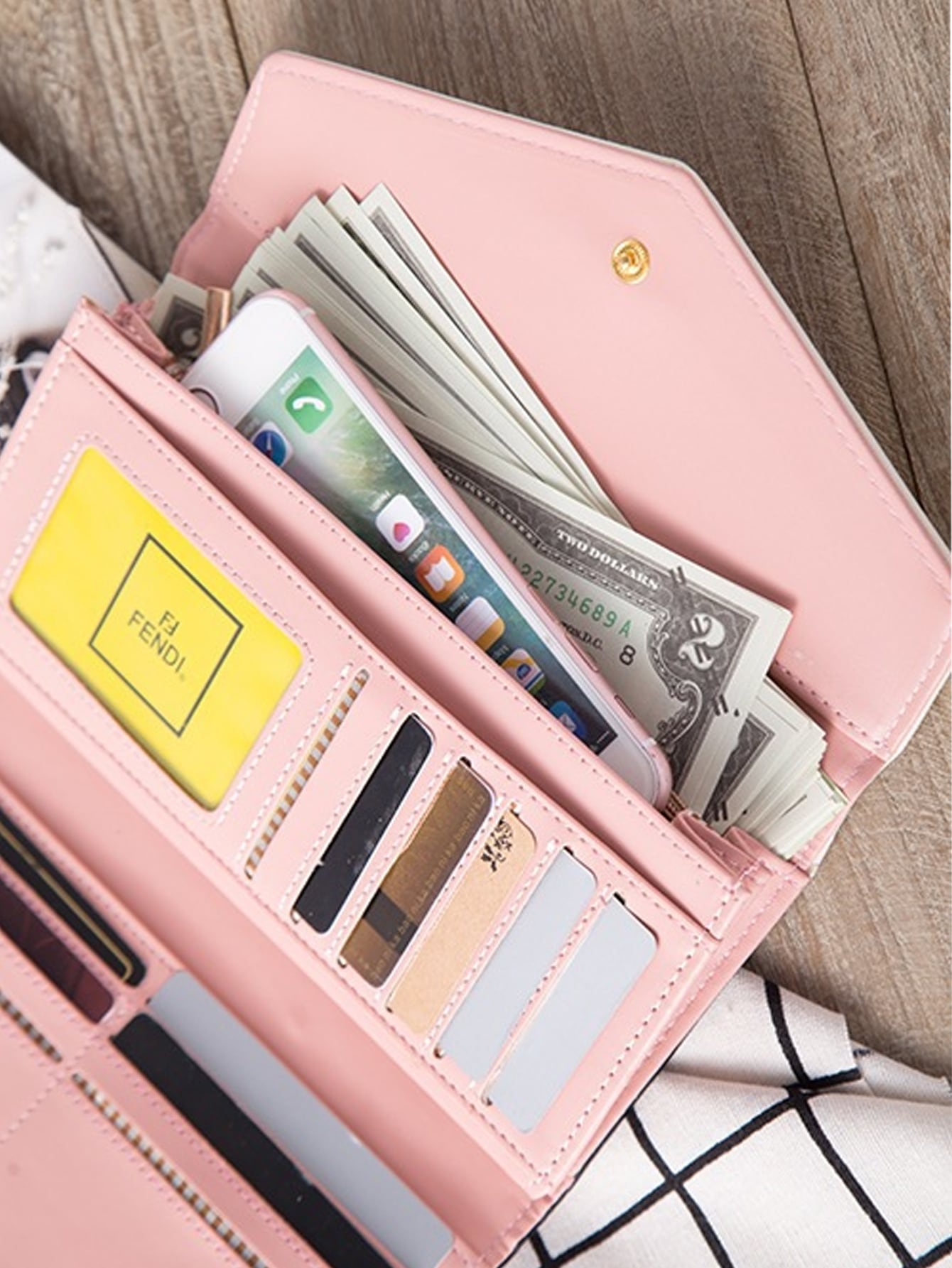 Korean Style diamond Check Contrast Color Envelope Clutch Wallet