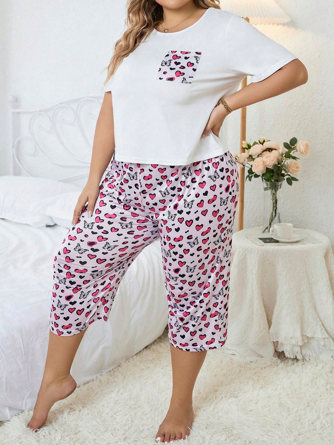 Plus Leopard Print Pocket Patched PJ Set