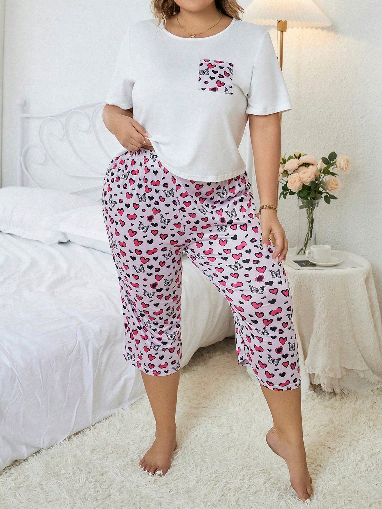 Plus Leopard Print Pocket Patched PJ Set
