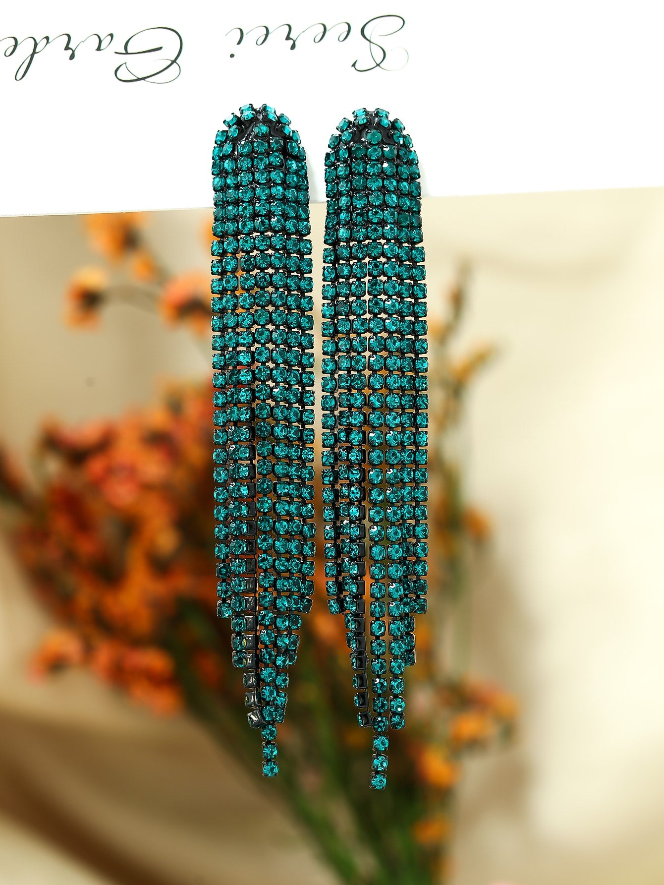 Rhinestone Teal Tassel Drop Earrings