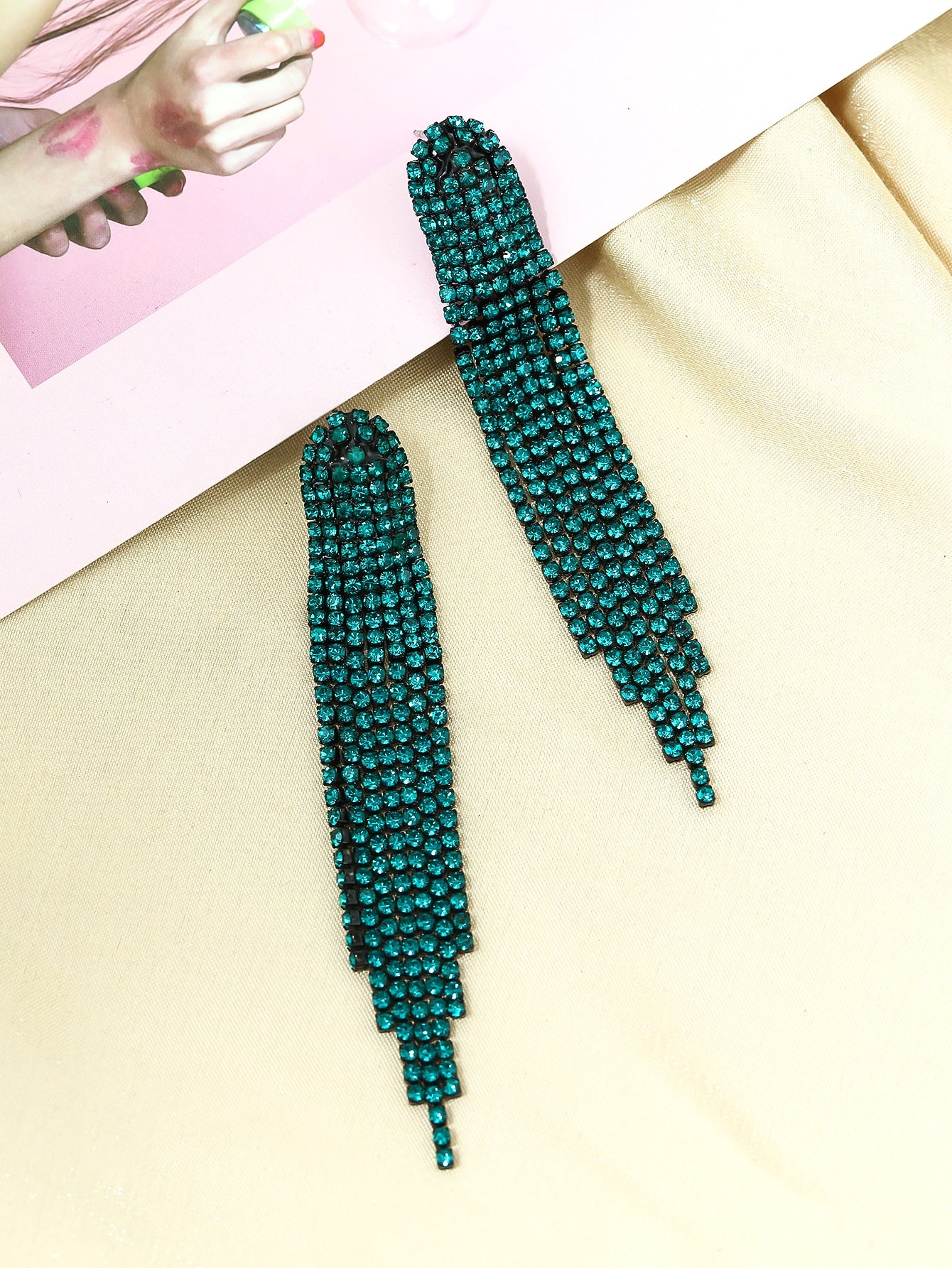 Rhinestone Teal Tassel Drop Earrings