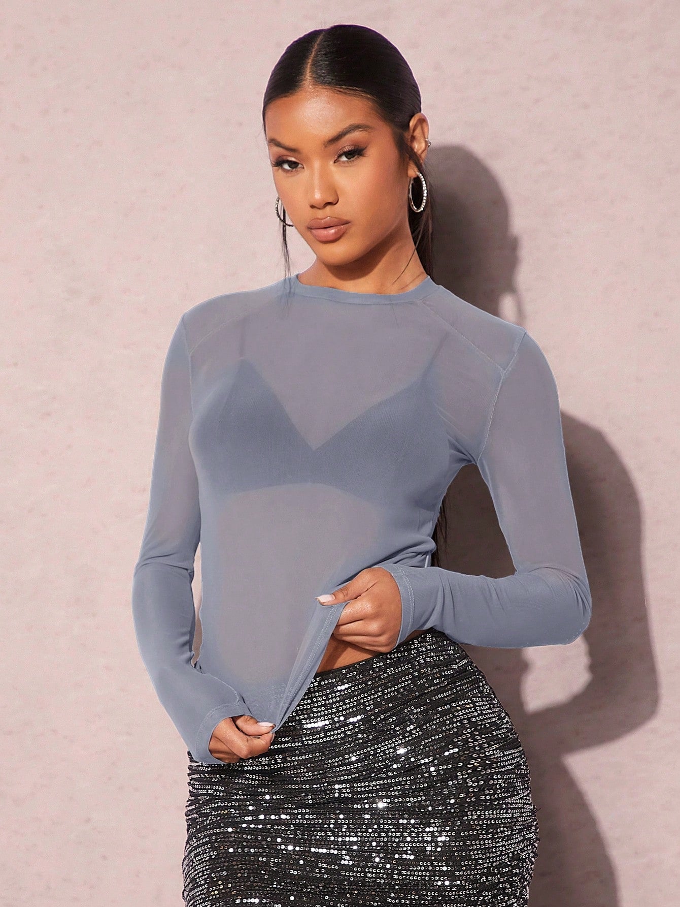Solid Mock Neck Form Fitted Mesh Top