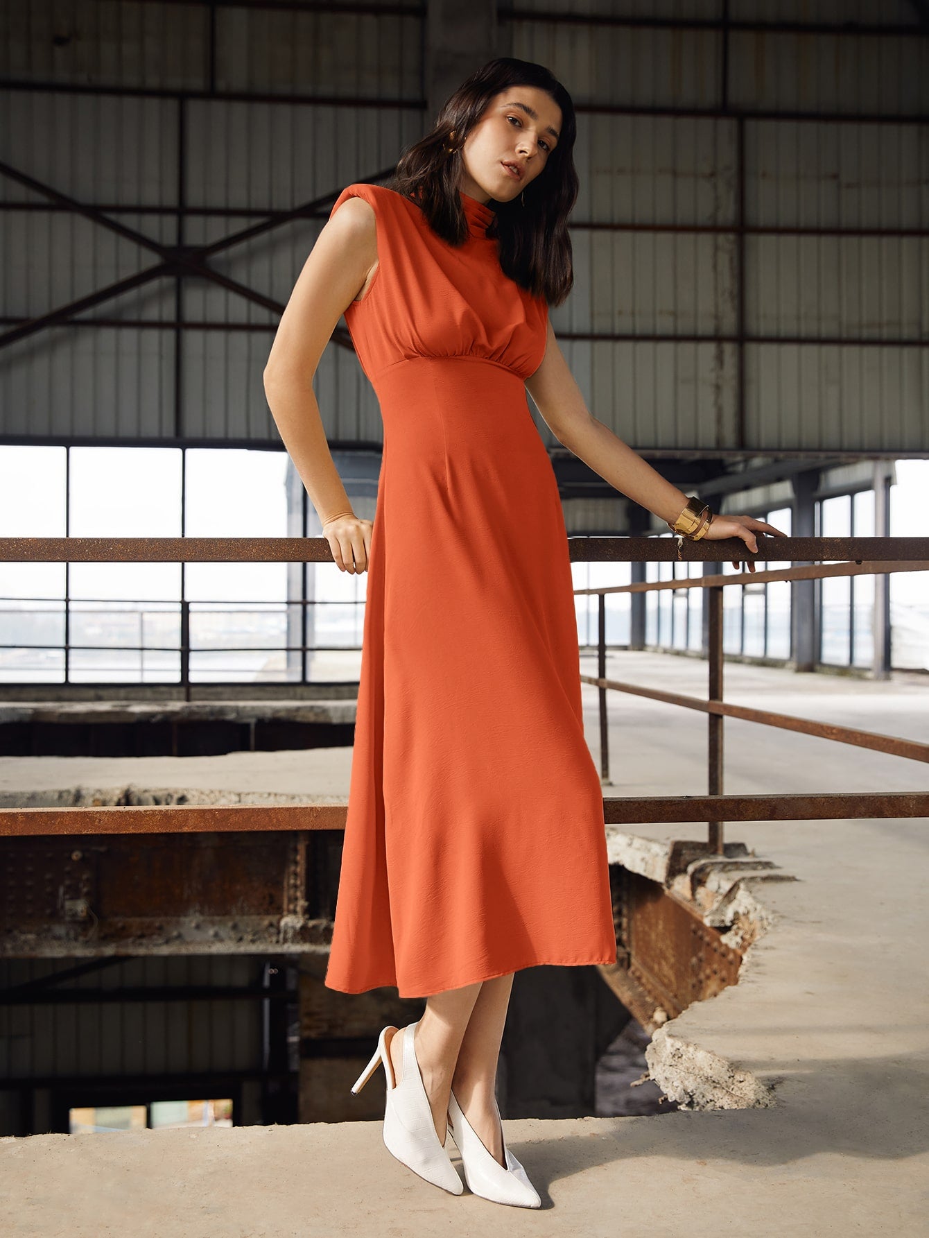 Mock Neck Shoulder Pad Dress