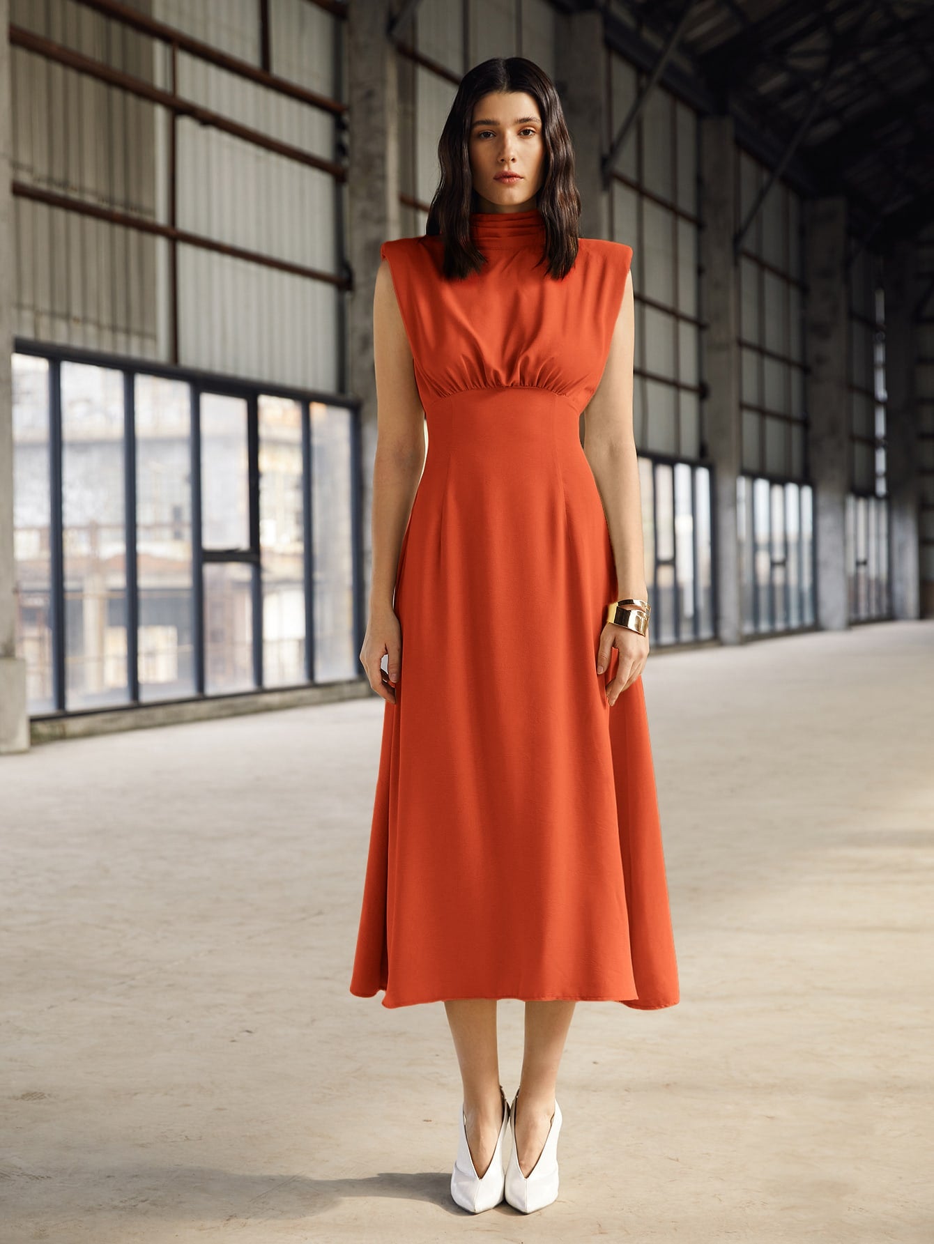 Mock Neck Shoulder Pad Dress