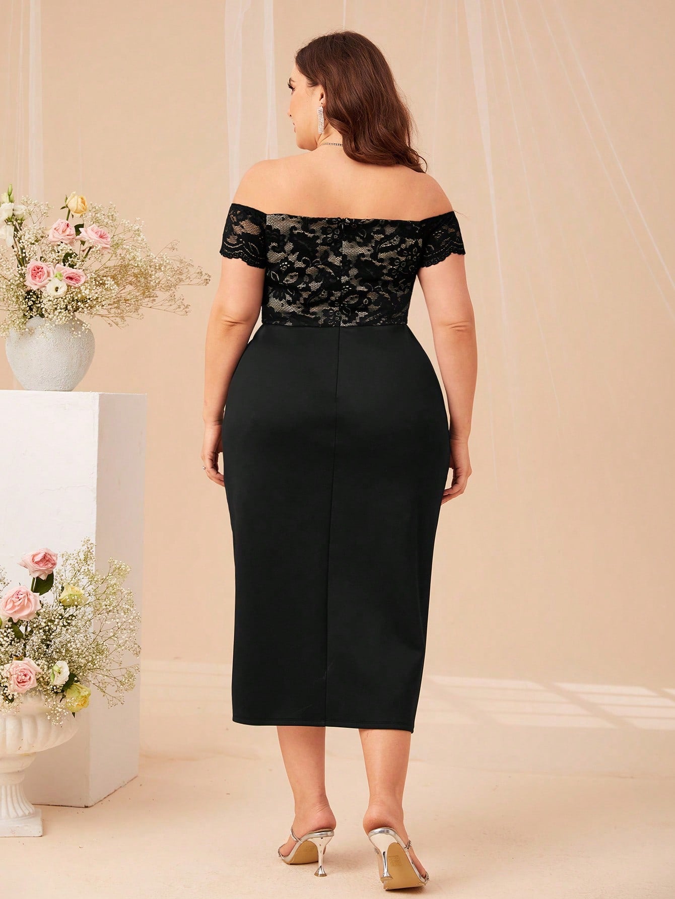 Plus Off Shoulder Lace Bodice Ruched Draped Front Dress