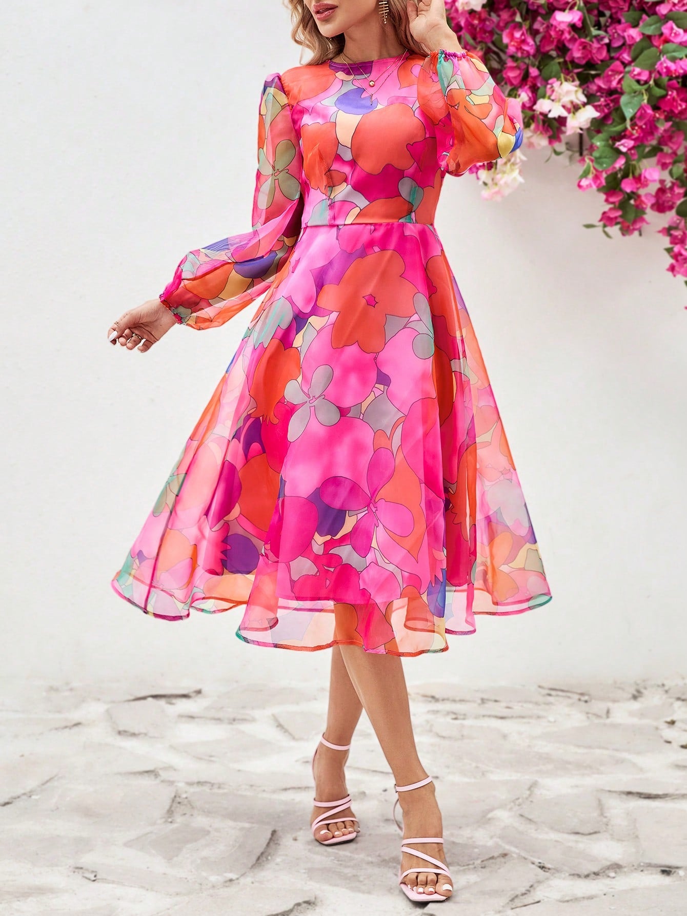 Round Neck Short Sleeve Organza Cake Print Dress