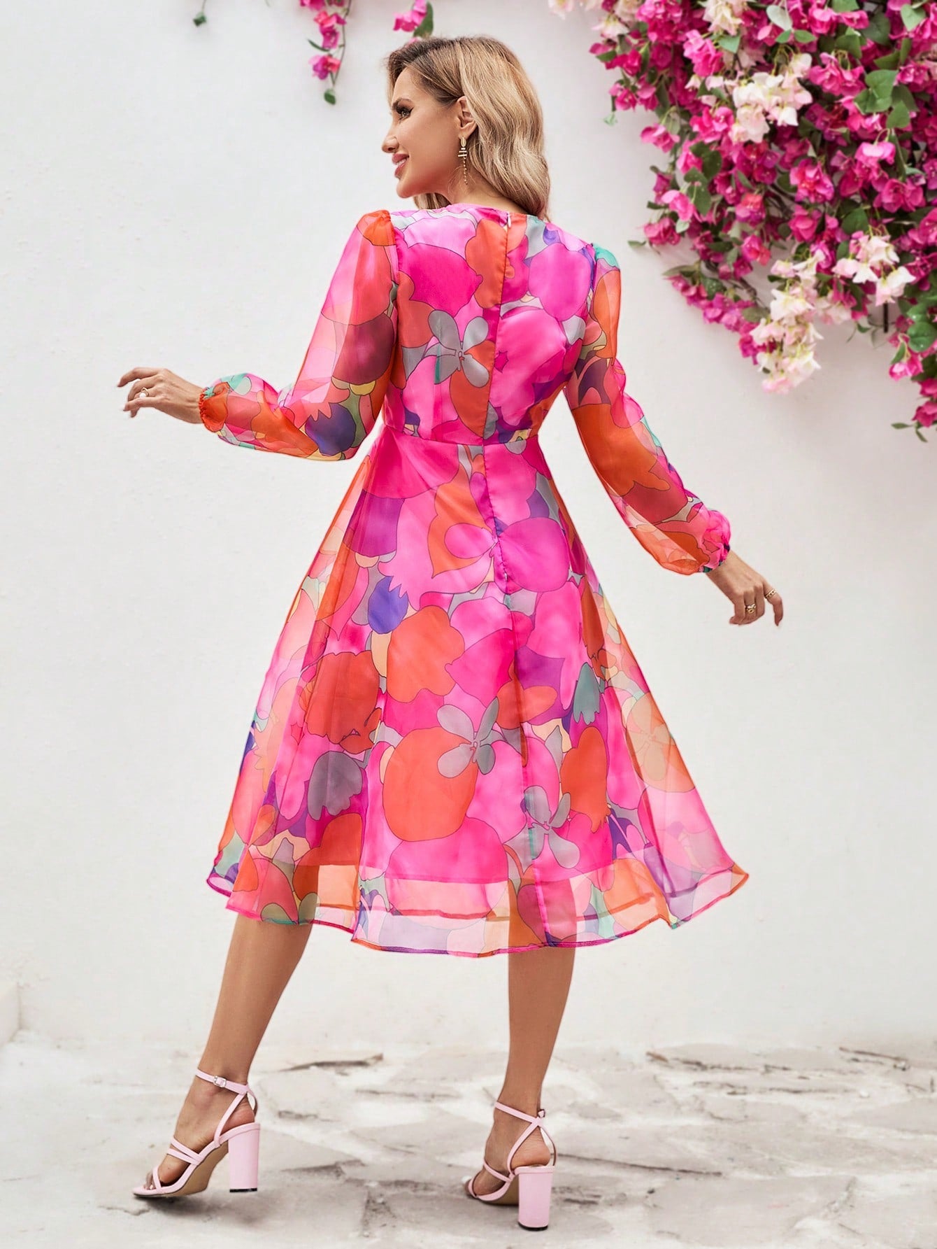 Round Neck Short Sleeve Organza Cake Print Dress