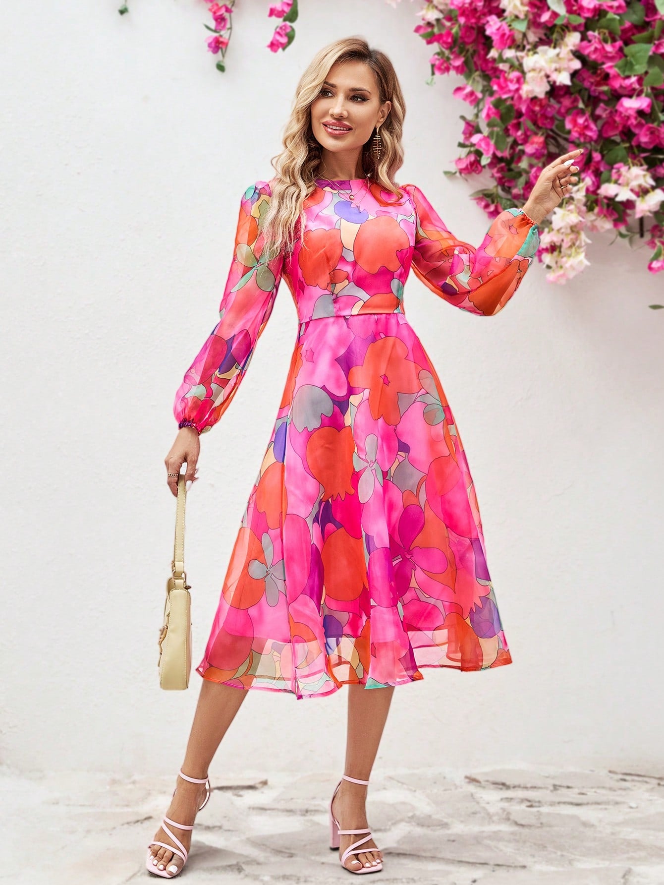Round Neck Short Sleeve Organza Cake Print Dress