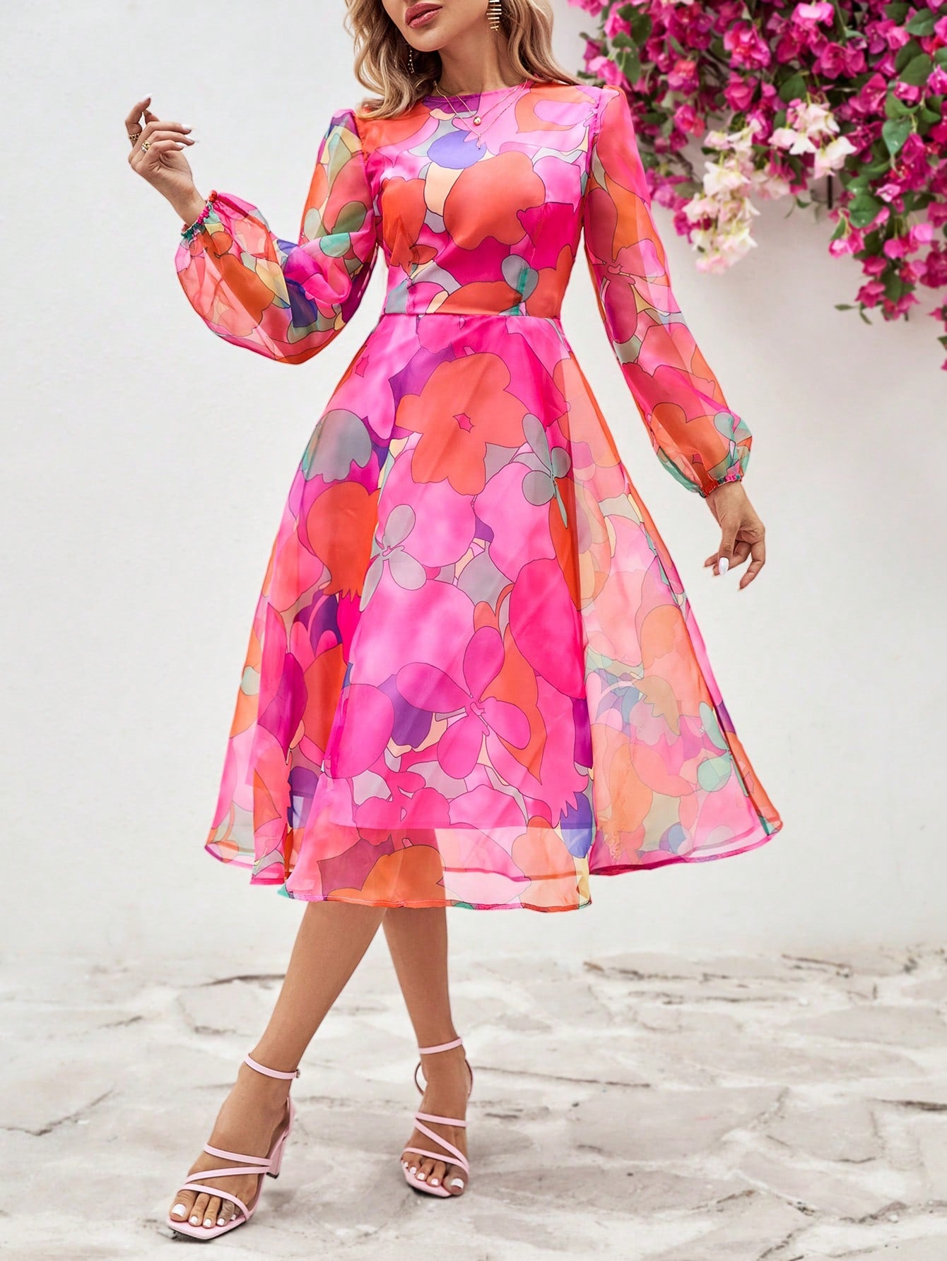 Round Neck Short Sleeve Organza Cake Print Dress