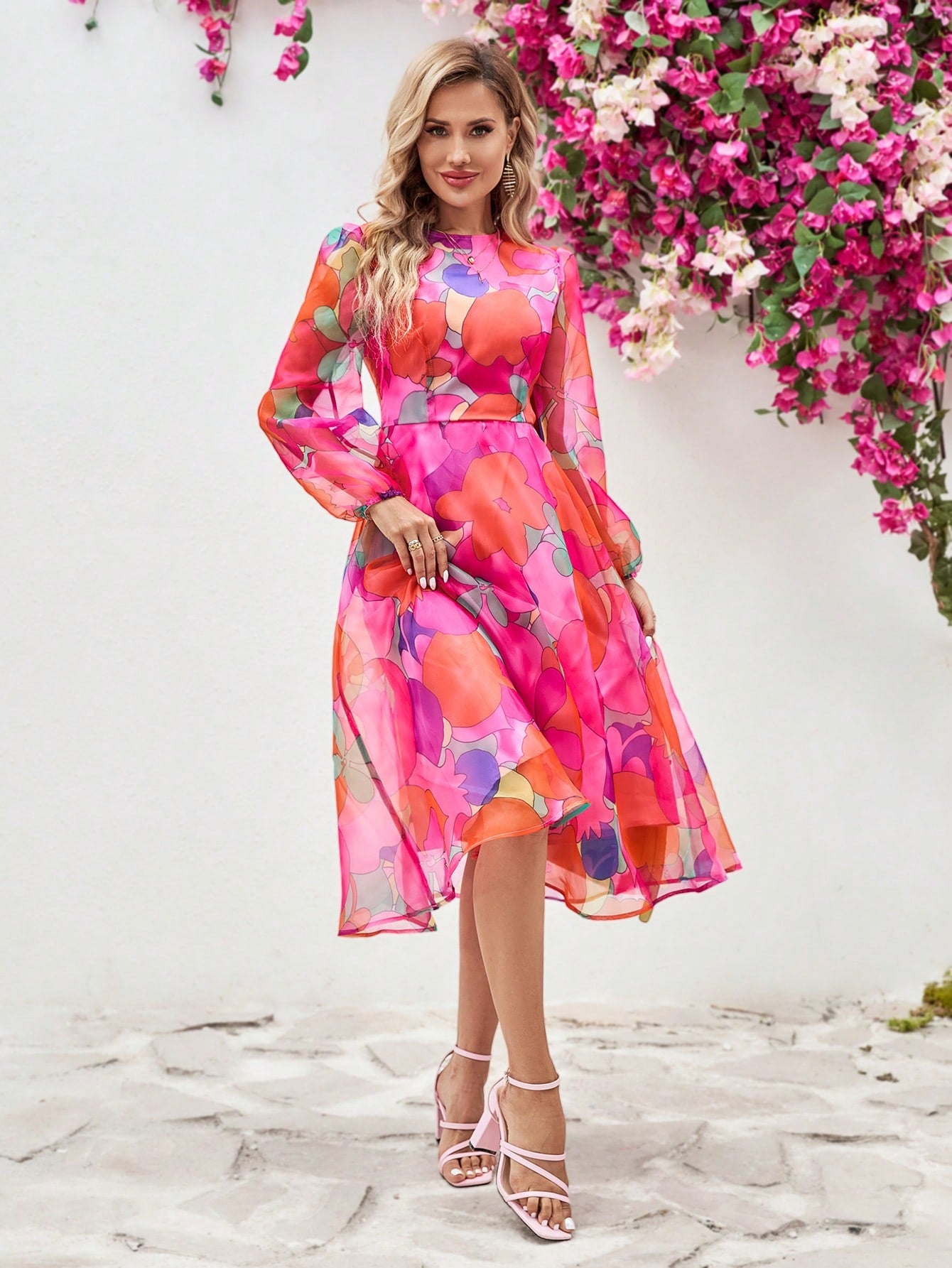 Round Neck Short Sleeve Organza Cake Print Dress
