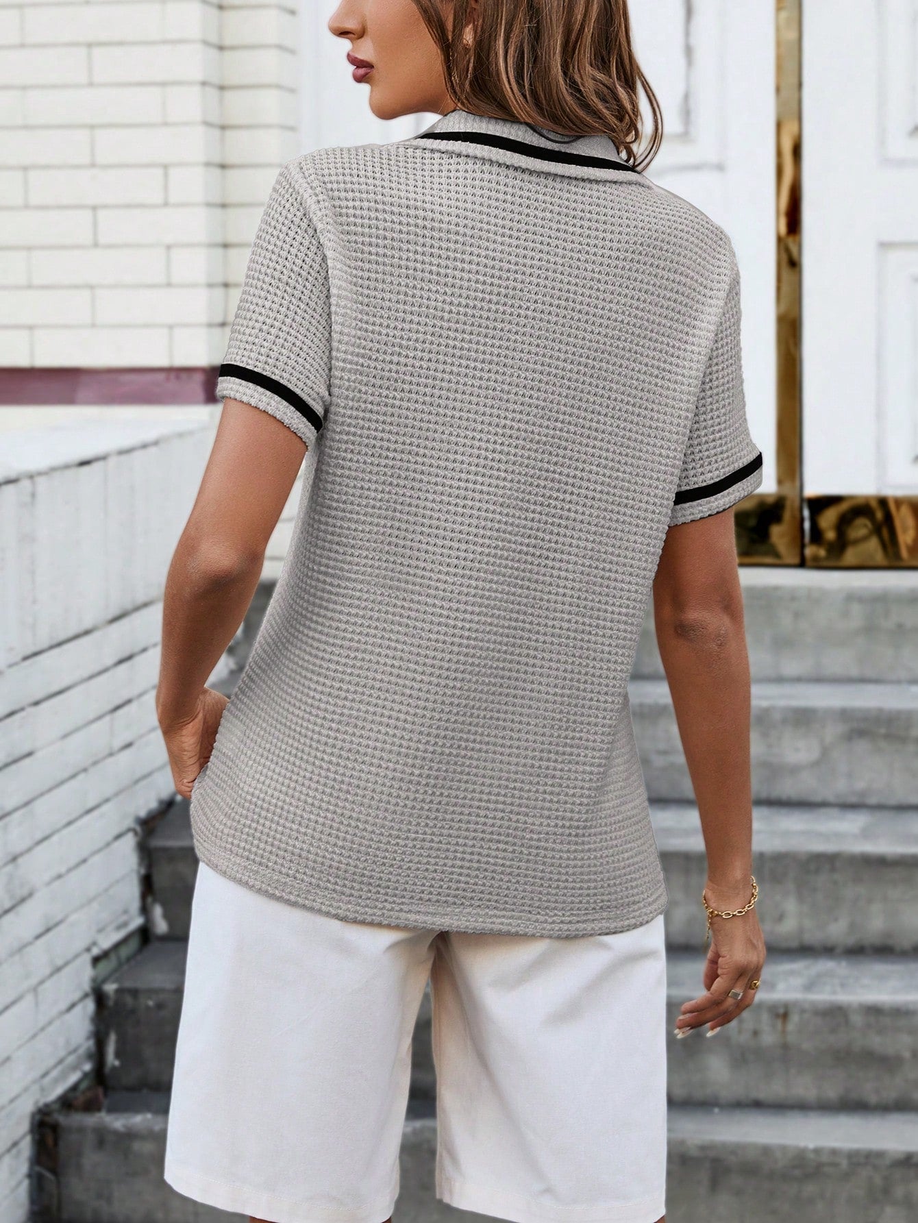 Polo Collar Color Block Short Sleeve Tee Shirt With Black Edge Detail