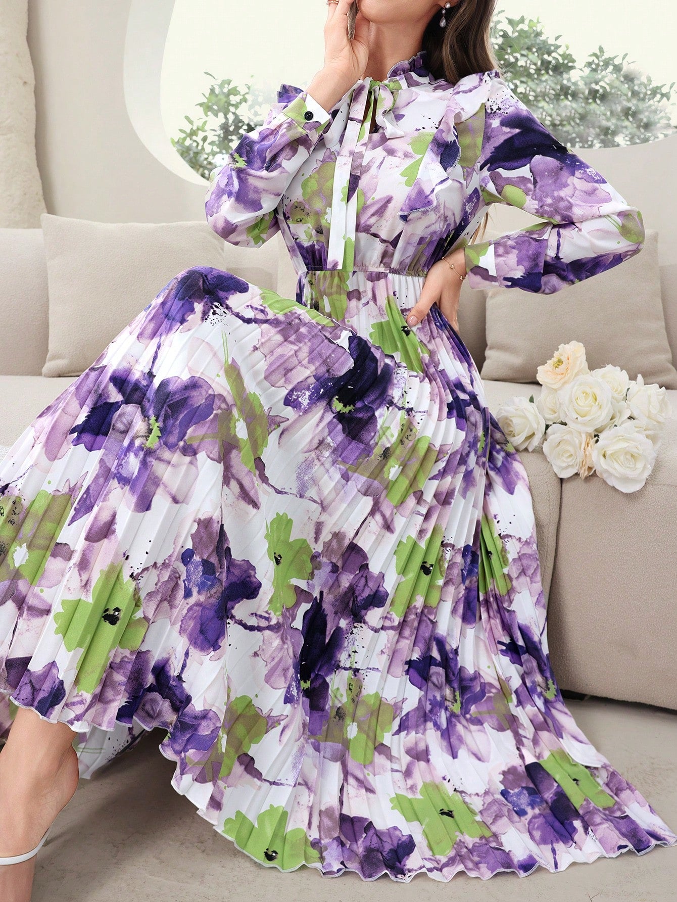 Random Floral Printed Long Sleeve Dress