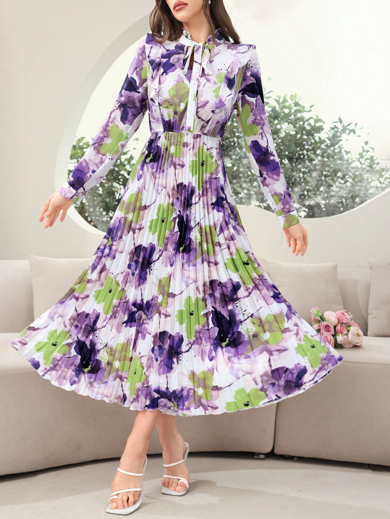 Random Floral Printed Long Sleeve Dress