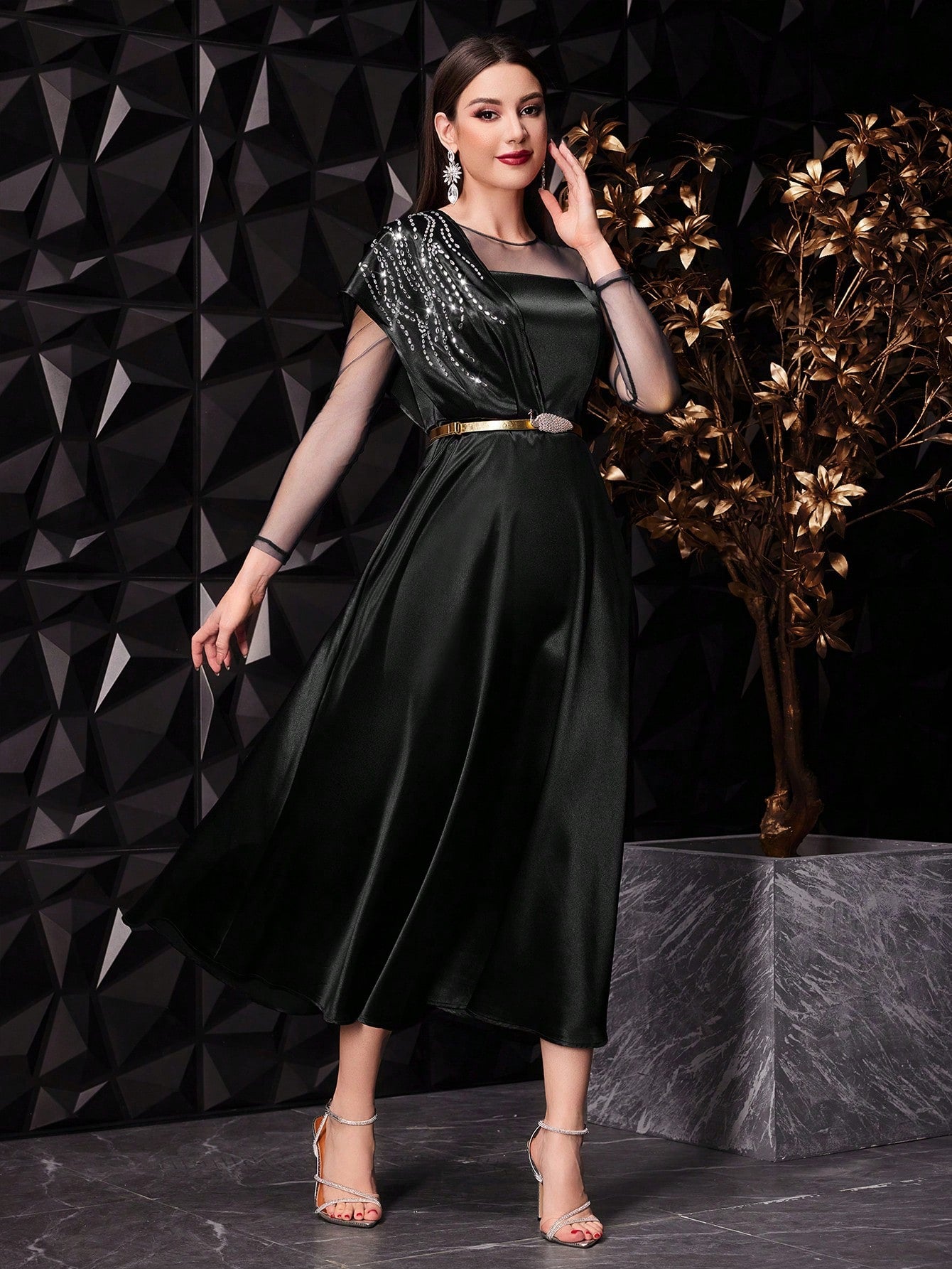 Mesh Splice Rhinestone Decorated Dress