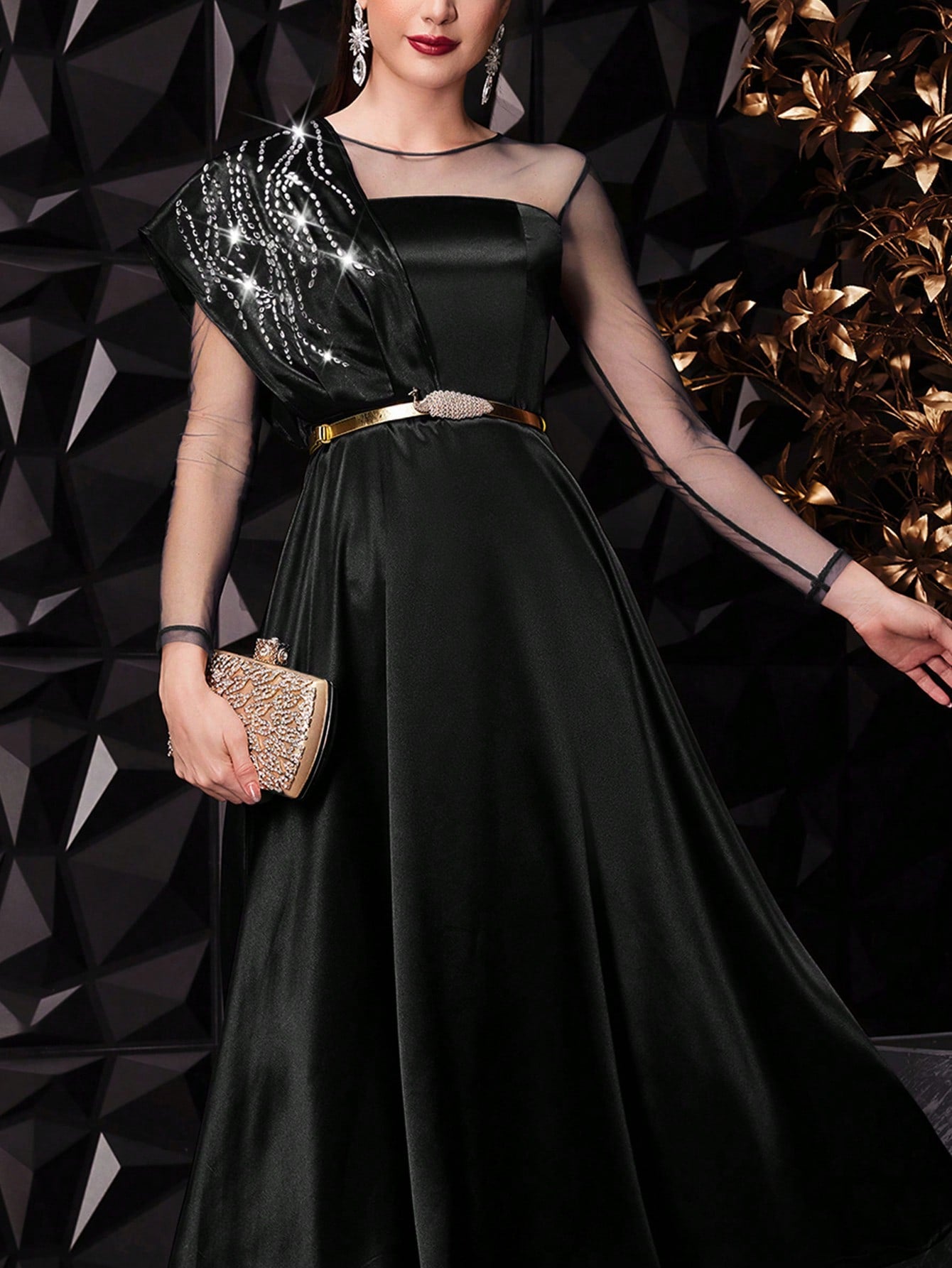 Mesh Splice Rhinestone Decorated Dress
