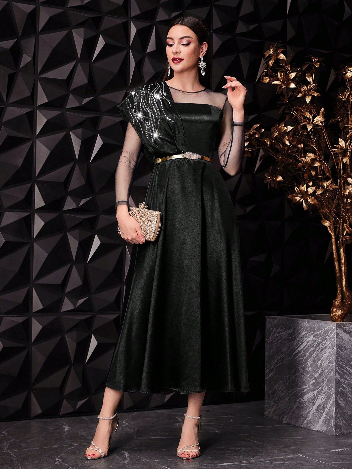 Mesh Splice Rhinestone Decorated Dress