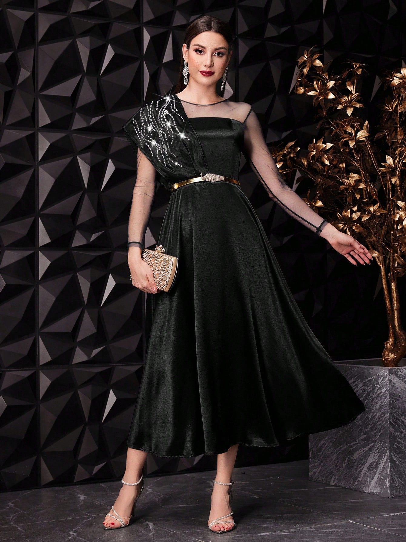 Mesh Splice Rhinestone Decorated Dress