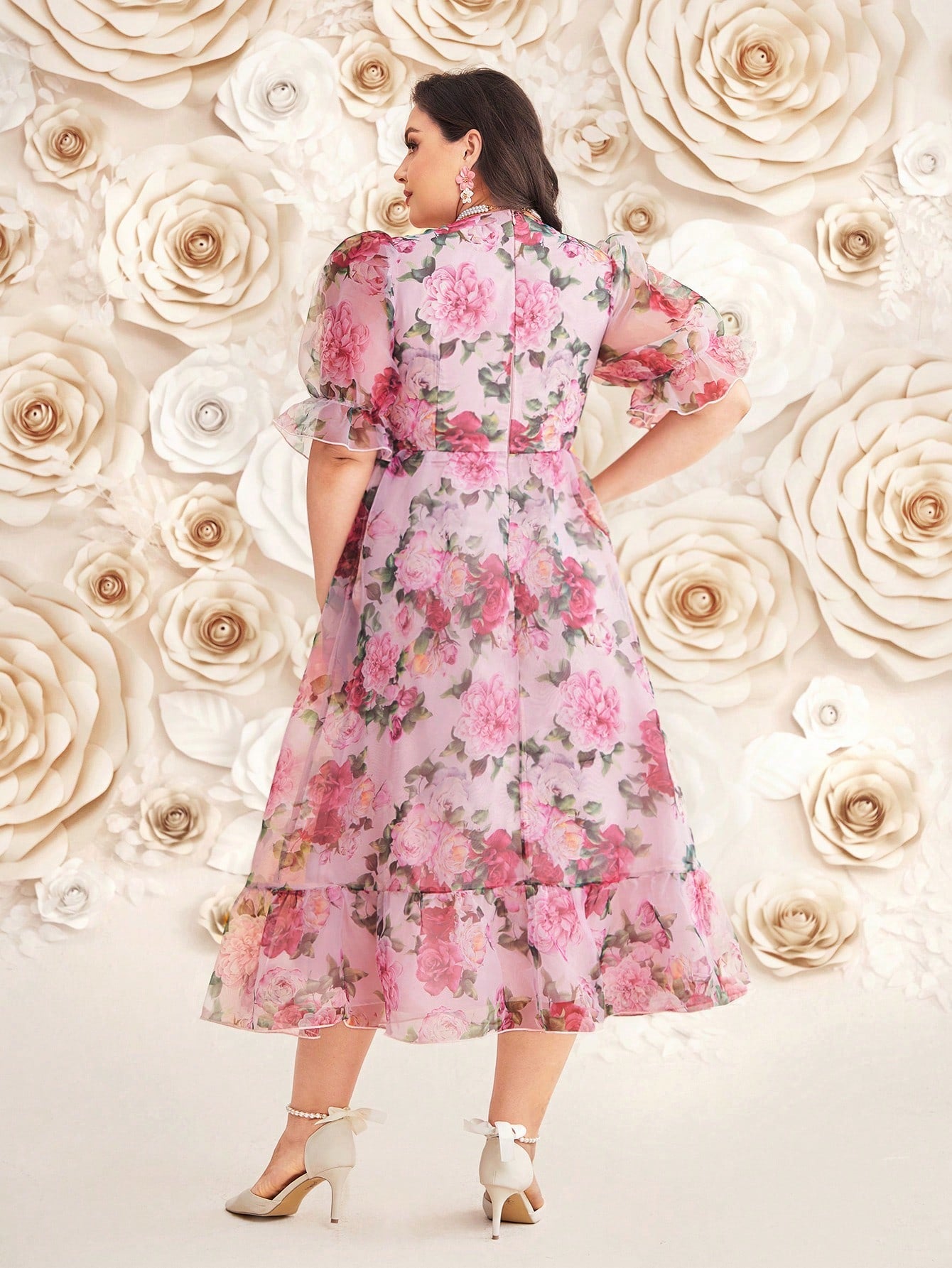 Plus Size Women's Floral Printed Puff Sleeve Dress